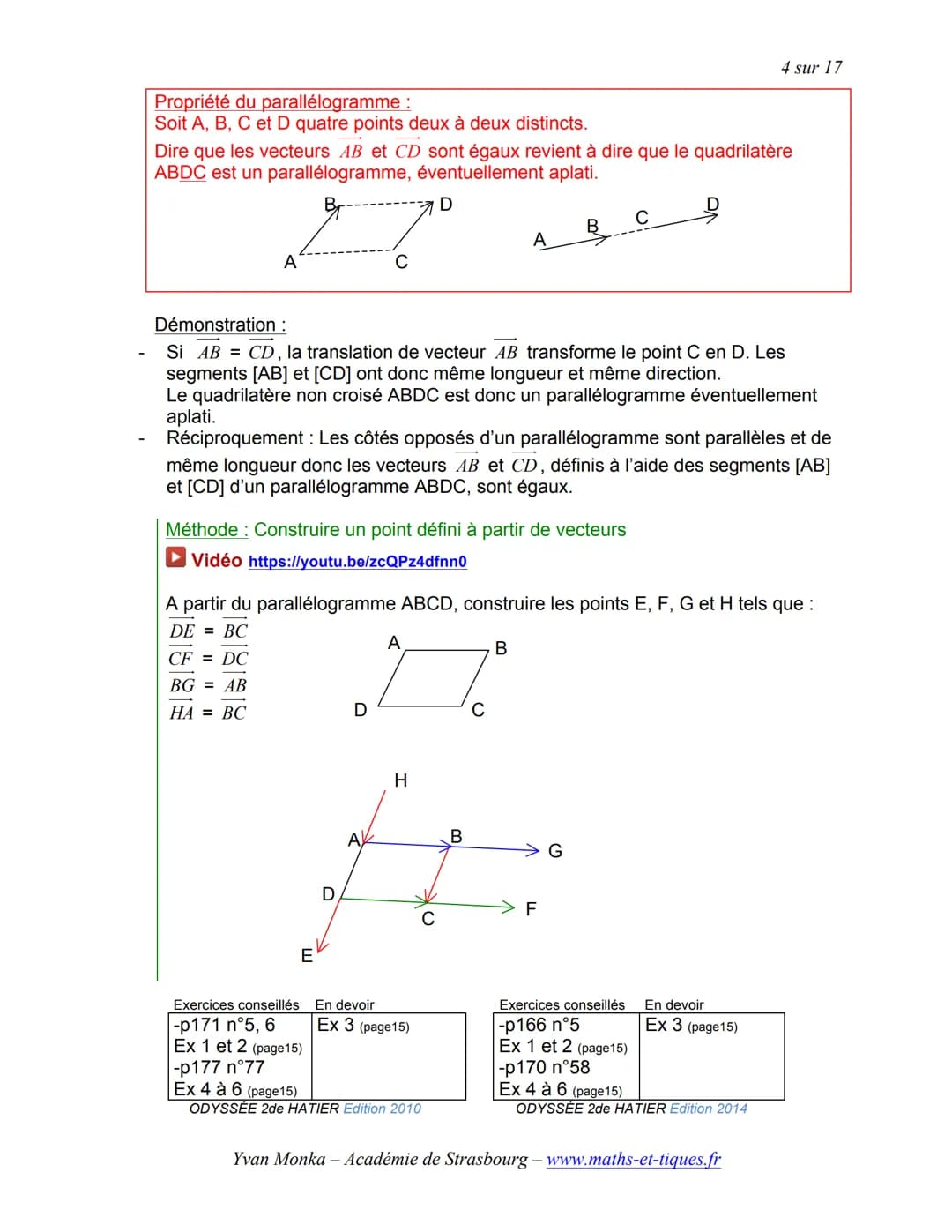 # TRANSLATION ET VECTEURS
1 sur 17
Activités de groupe: La Translation (Partie1):
http://www.maths-et-tiques.fr/telech/trans gr1.pdf
La T