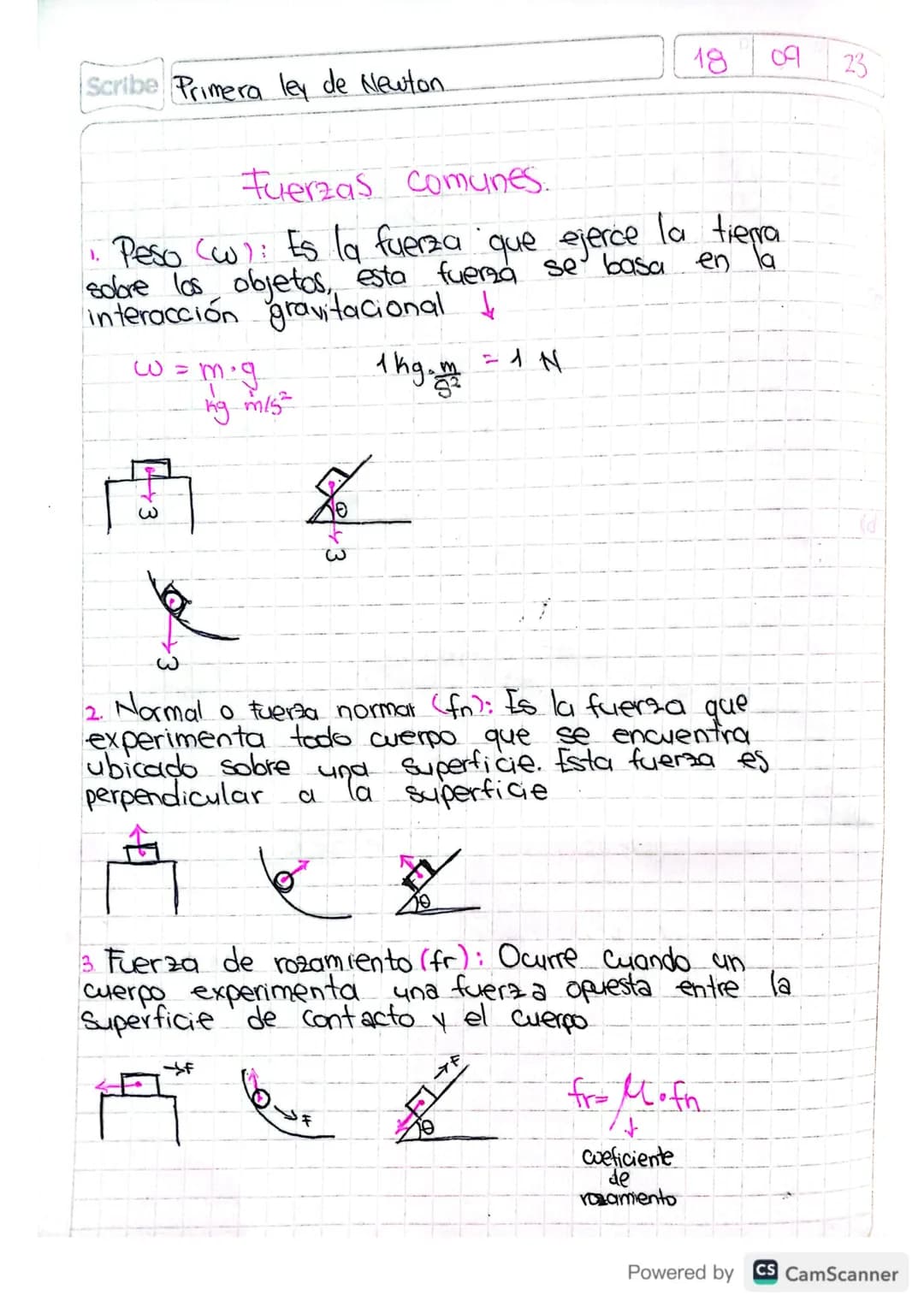 Scribe Primera ley de Newton
18 09 23
Fuerzas comunes.
1. Peso (w): Es la fuerza que ejerce la tierra
sobre los objetos, esta fuerza se b