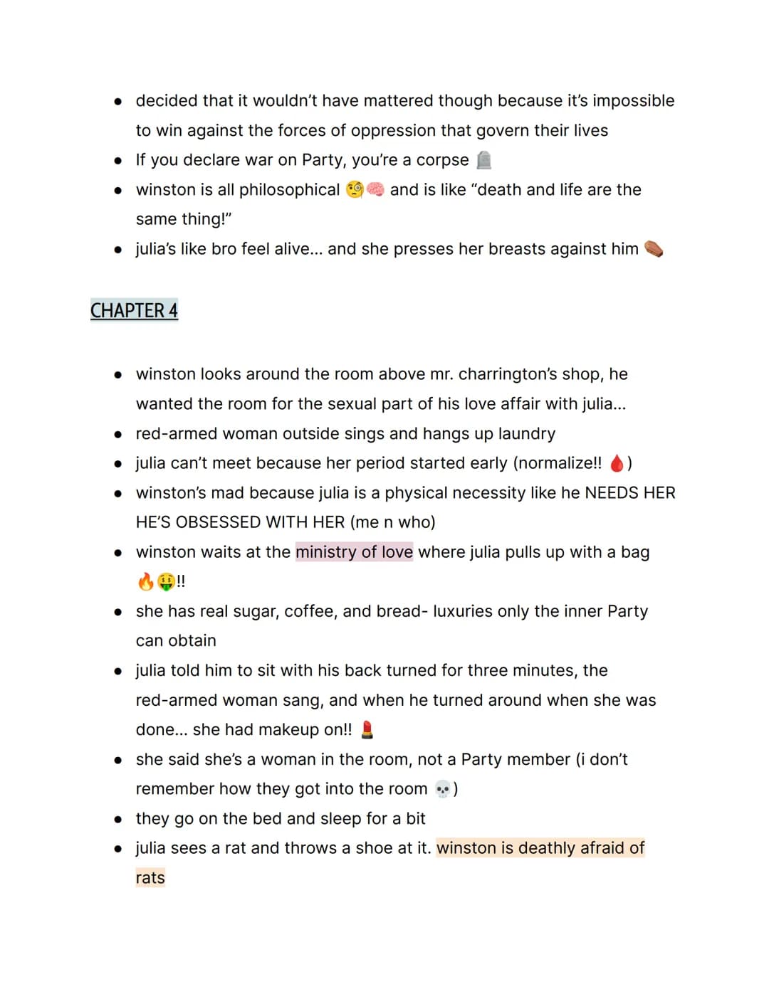 # 1984 by George Orwell; { Part 2 Notes }
things to know:
- → this is part 2, not part 1
- → orwell rejected soviet communism
- → the book