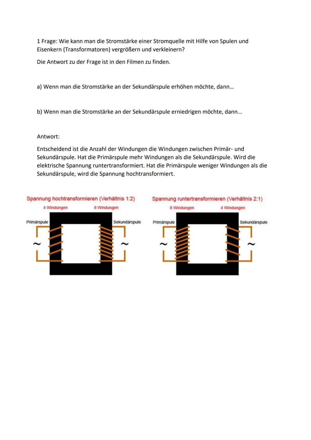 1 Frage: Wie kann man die Stromstärke einer Stromquelle mit Hilfe von Spulen und
Eisenkern (Transformatoren) vergrößern und verkleinern?
Di