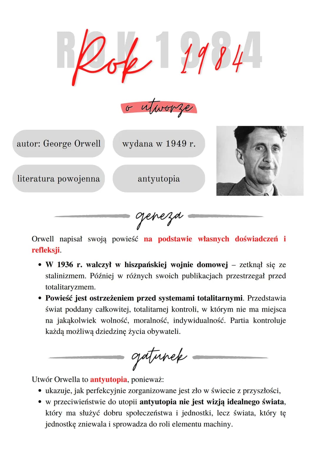 # Rok 1984
o utworze
autor: George Orwell
wydana w 1949 r.
literatura powojenna
antyutopia
депеза
Orwell napisał swoją powieść na pod