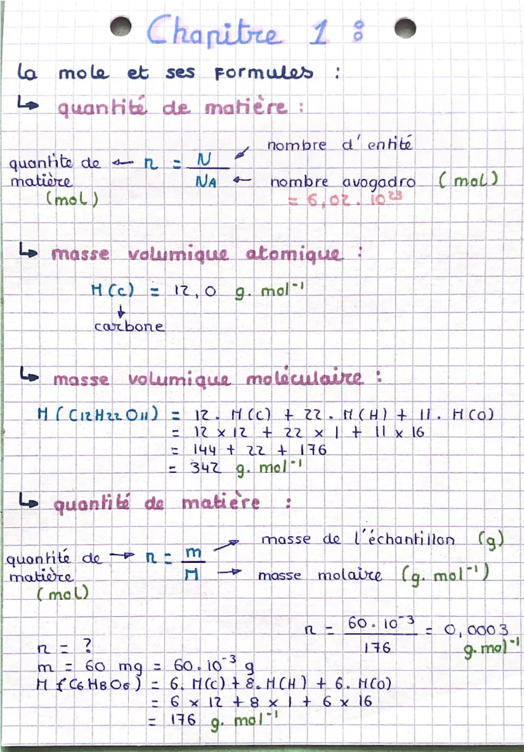 # Chapitre 18
la mole et ses Formules :
quantité de matière :
quantite de几こ
matière
(mol)
$
\frac{N}{NA}
$
nombre d'entité
nombre avogadr