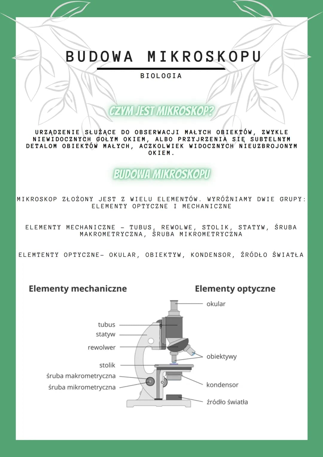# BUDOWA MIKROSKOPU
BIOLOGIA
## CZYM JEST MIKROSKOP?
URZĄDZENIE SŁUŻĄCE DO OBSERWACJI MAŁYCH OBIEKTÓW, ZWYKLE
NIEWIDOCZNYCH GOŁYM OKIEM,