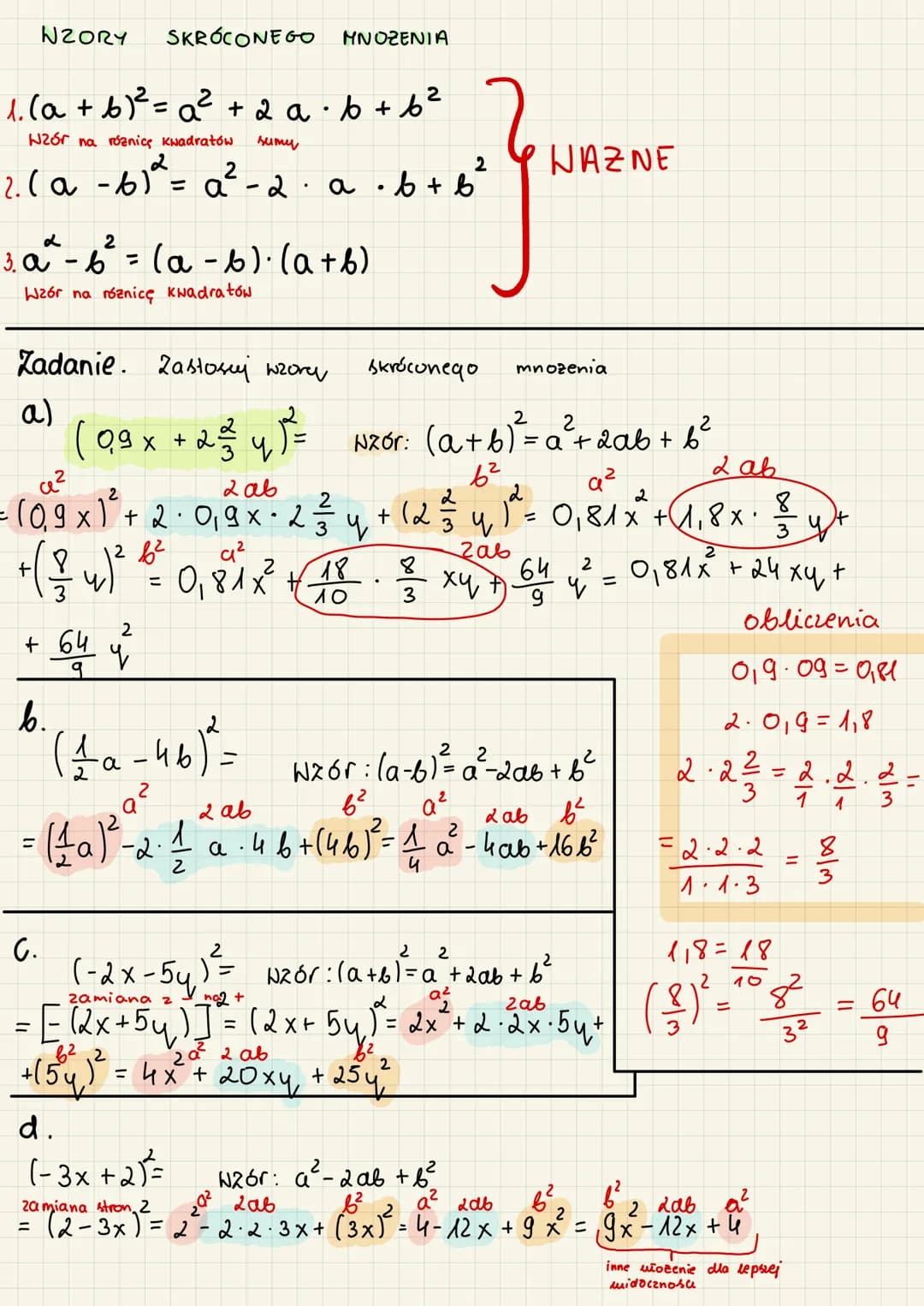 # NZORY SKRÓCONEGO MNOZENIA
1. (a + b)²= a² + 2 a ⋅ b + b²
Wzór na róznicę kwadratów
sumy
2.(a-b)²= a²-2 a ⋅ b + b²
3. a²-b²= (a-b)⋅(a+b)