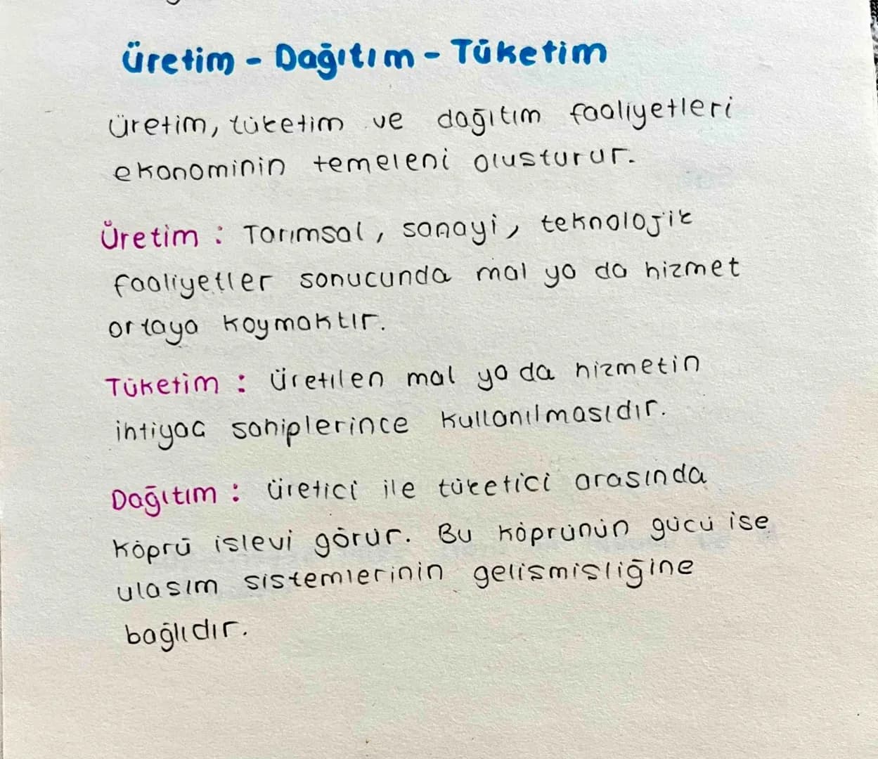 # Üretim - Dağıtım - Tüketim
Üretim, tüketim ve dağıtım faaliyetleri
ekonominin temeleni olusturur.
Üretim: Tarımsal, sanayi, teknolojik
f