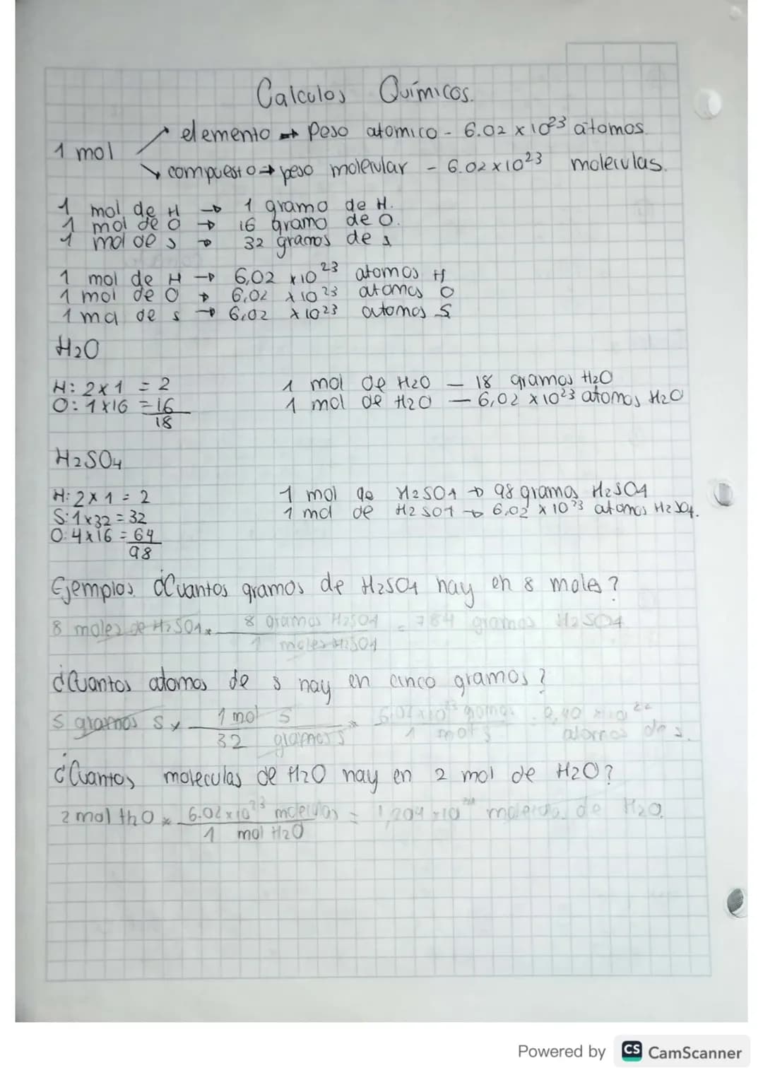 Calculos Químicos.
1 mol
- elemento Peso atomico-6.02 x $10^{23}$ atomos.
- compuesto peso molecular - 6.02x$10^{23}$ moleculas.
1 mol de