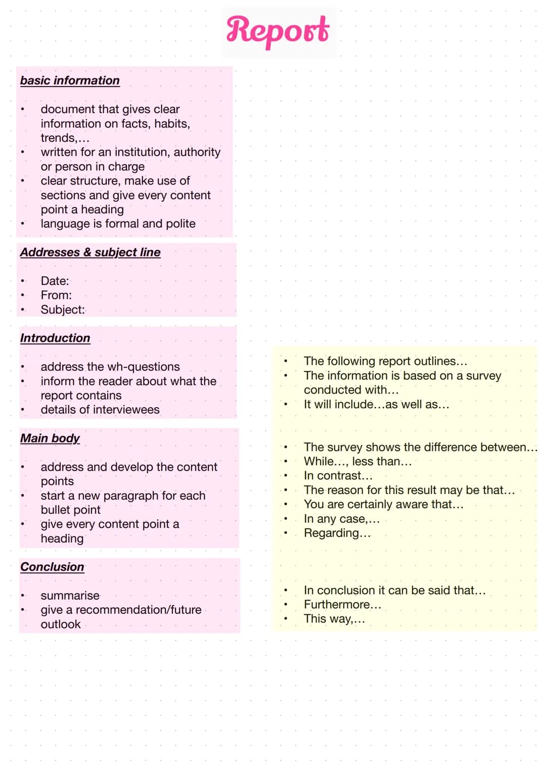 # Report
## basic information
- document that gives clear
information on facts, habits,
trends,...
- written for an institution, authority