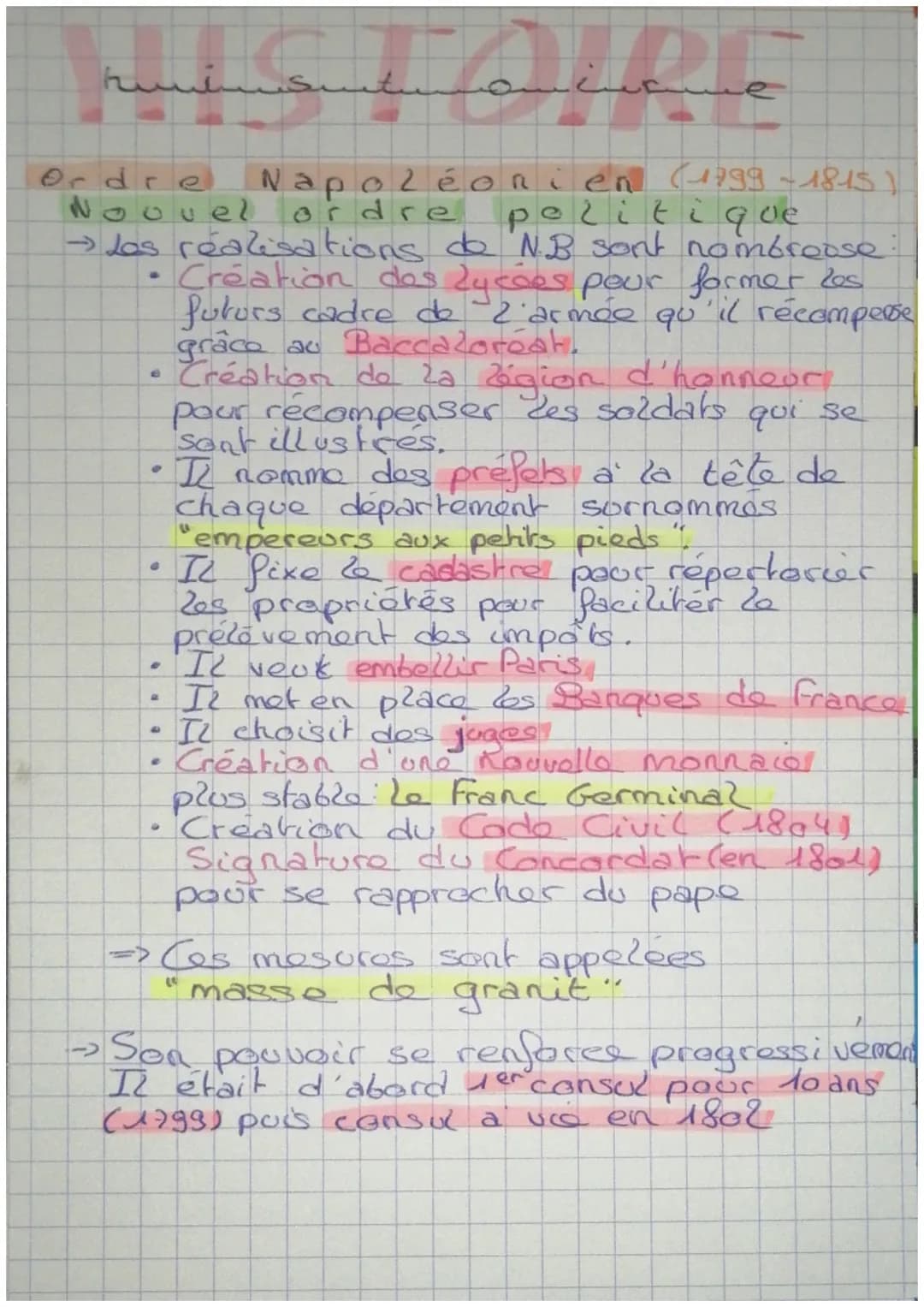 # HISTOIRE
Ordre Napoléonien (1799-1815)
Nouvel ordre politique
→Les réalisations de NB sont nombreuse
* Création des lycées pour former