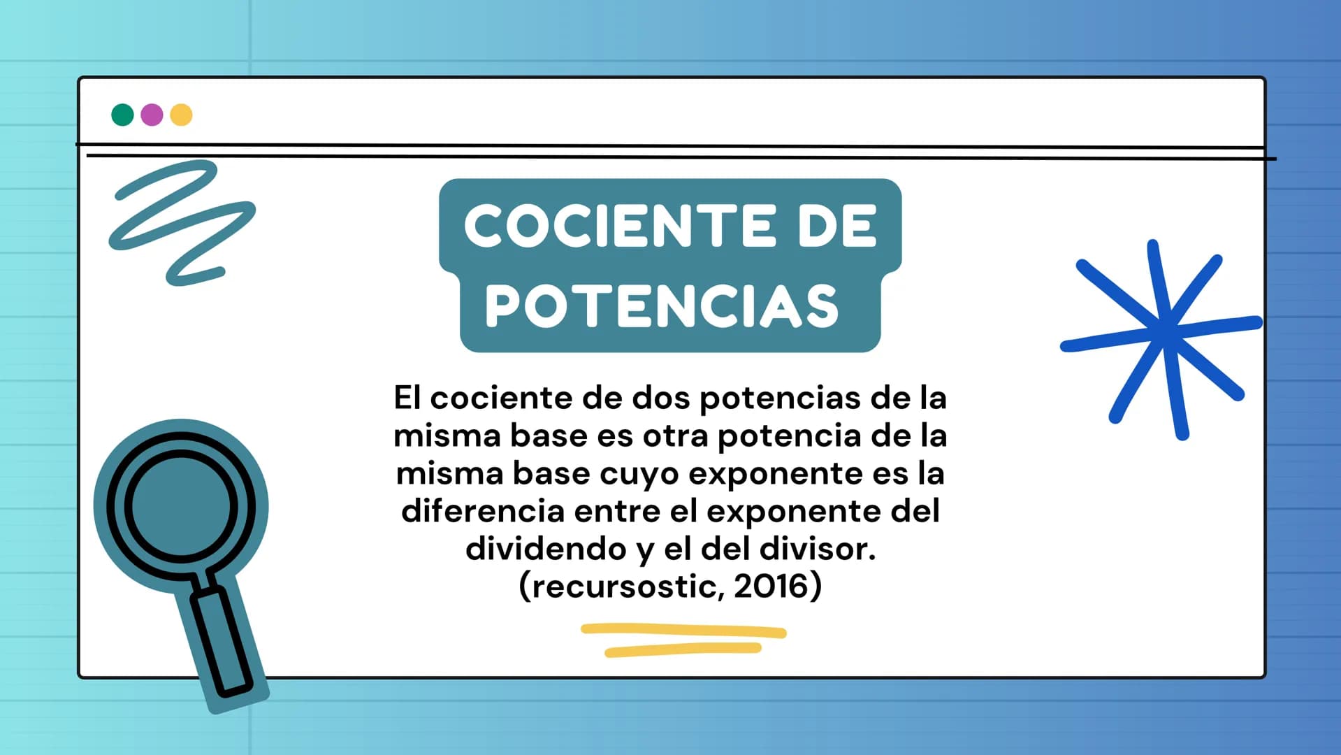 # PROPIEDADES
de los
EXPONENTES ÍNDICE >>
1 Producto de potencias
4 Potencia de un producto
2 Cociente de potencias
5 Potencia de un c