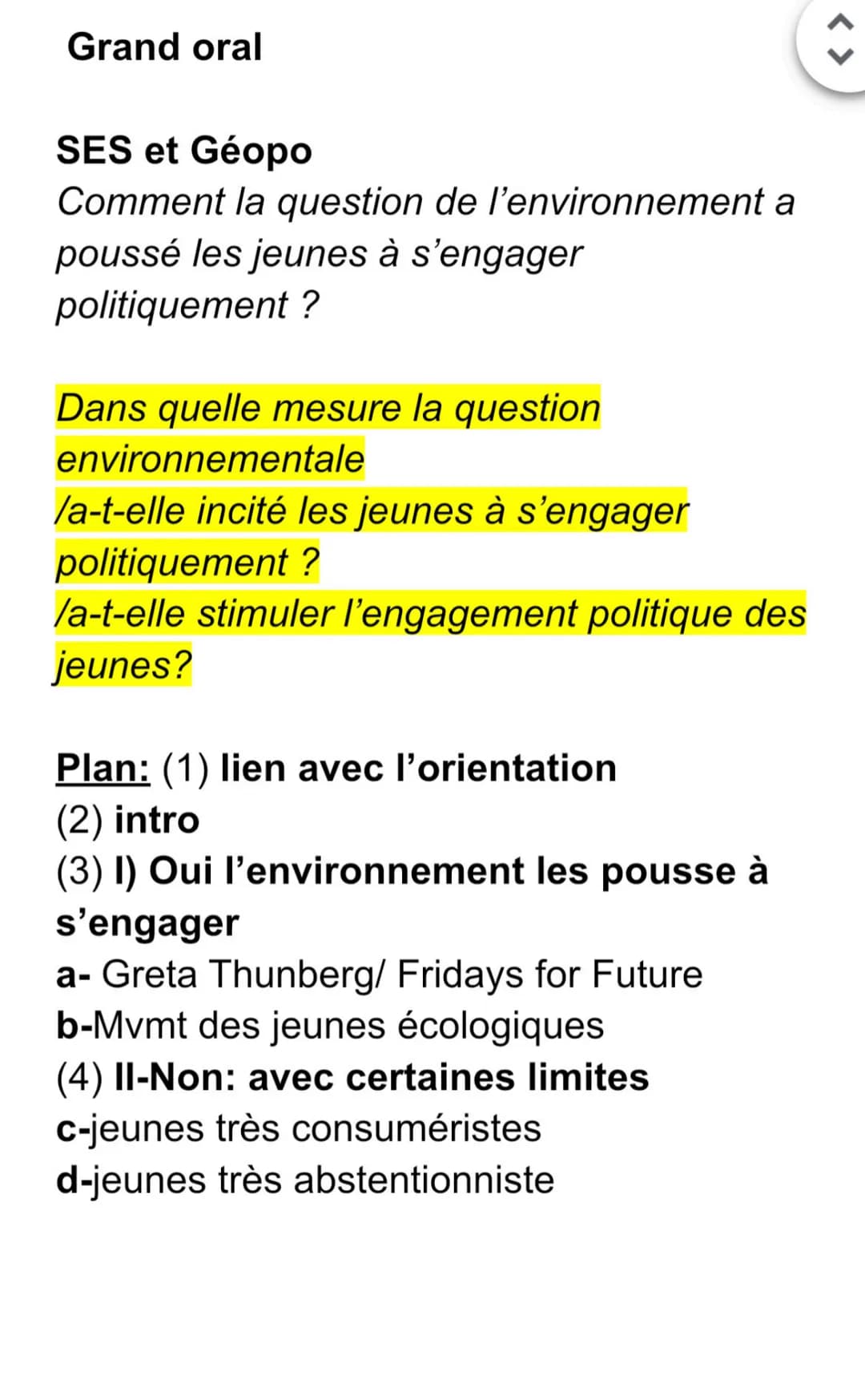 Grand oral
SES et Géopo
Comment la question de l'environnement a
poussé les jeunes à s'engager
politiquement ?
Dans quelle mesure la quest