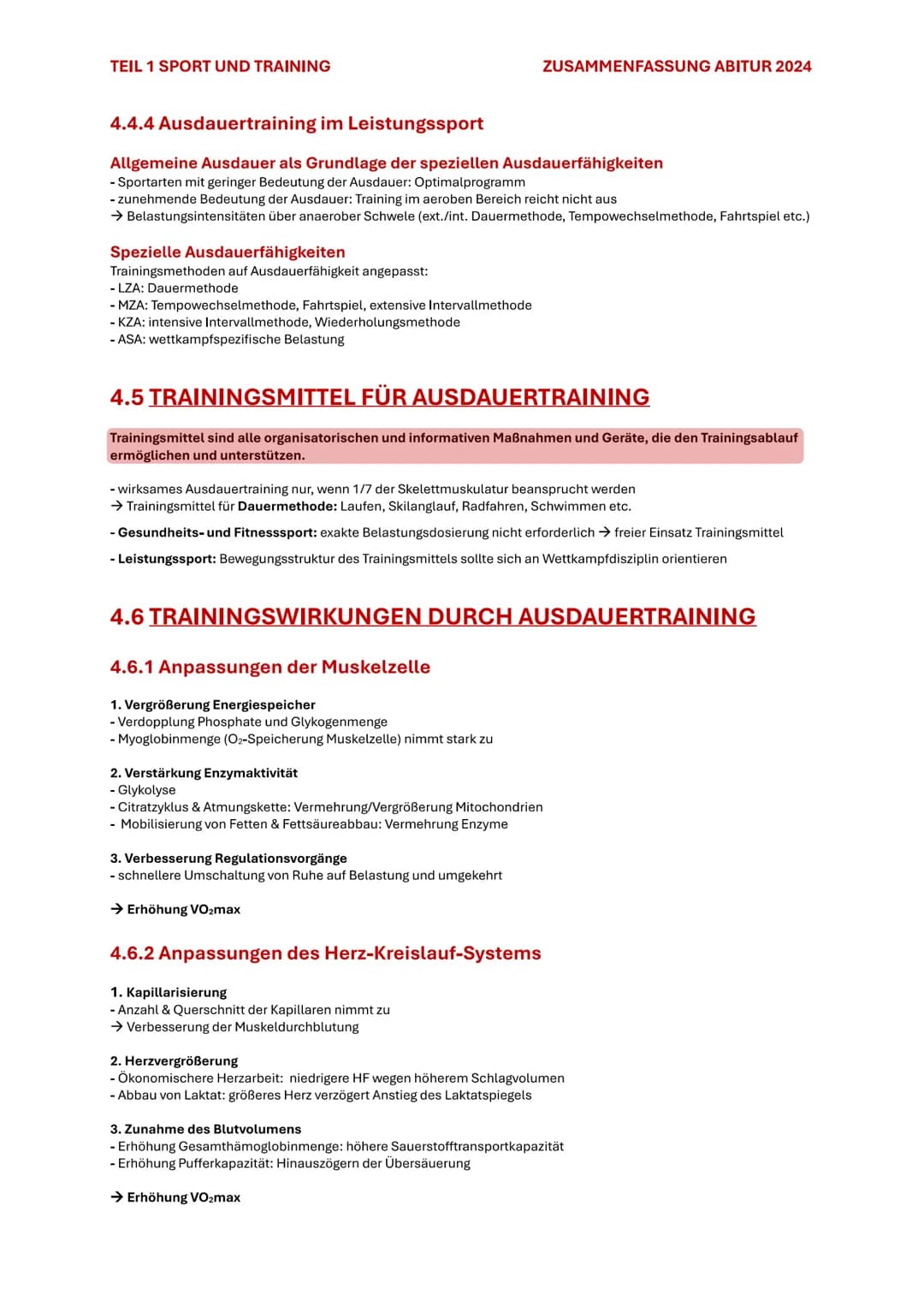 TEIL 1 SPORT UND TRAINING
ZUSAMMENFASSUNG ABITUR 2024
# 4. AUSDAUER
Im Sport und auch allgemein versteht man unter Ausdauer die physische
