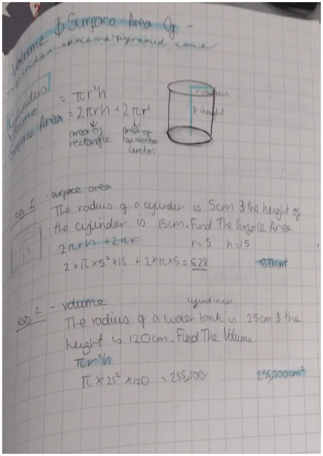 # Klume & Surface Area Of
Gunders
= wrth
aver of onedior
rectangle tap
Sapace Area = 2πrh+2²
eg 2 Surface area
of
Careles
Famous
The radiu