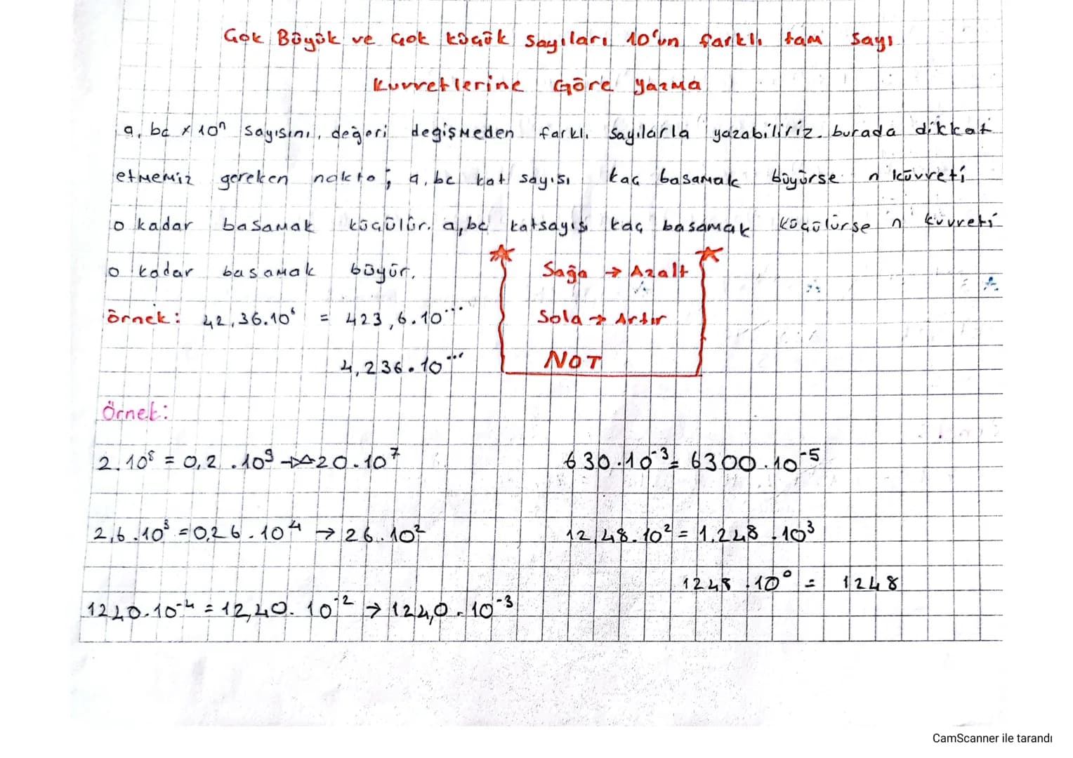 Gok Böyük ve çok küçük Sayıları 10'un farklı tam Sayı
Kuvvetlerine göre yazma
a, ba x $10^n$ Sayısını, değeri değişmeden farklı Sayılarla
