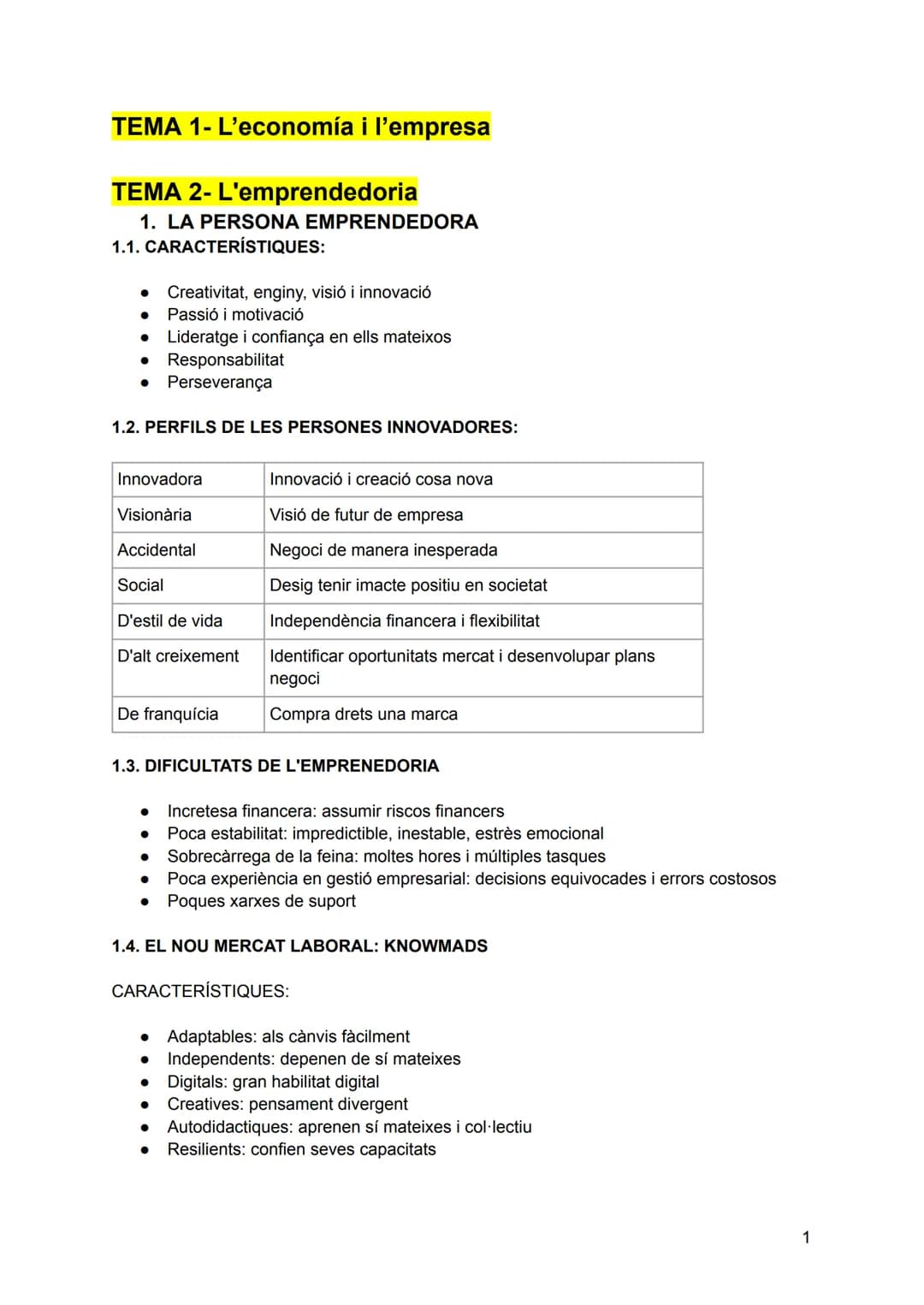 # TEMA 1- L'economía i l'empresa
# TEMA 2- L'emprendedoria
## 1. LA PERSONA EMPRENDEDORA
### 1.1. CARACTERÍSTIQUES:
- Creativitat, engin