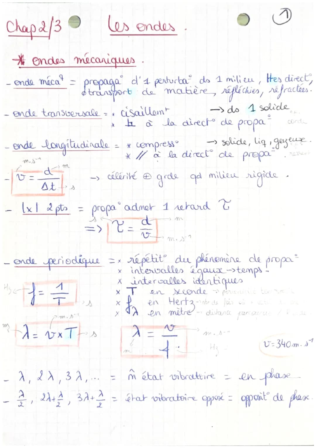 Chap 2/3
Les ondes
*Ondes mécaniques .
- ende méca = propaga d' I perturba ds 1 milieu,
Hes direct,
transport de matière, réfléchies, réf