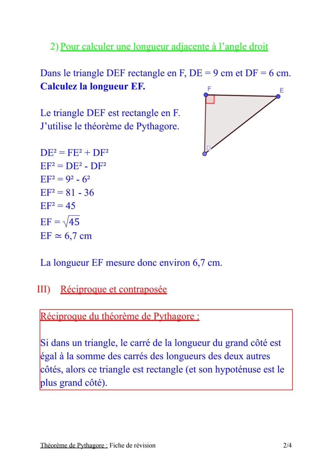 # Théorème de Pythagore
Fiche de révision
I) Théorème de Pythagore
Théorème :
Si un triangle est rectangle, alors le carré de la longueu