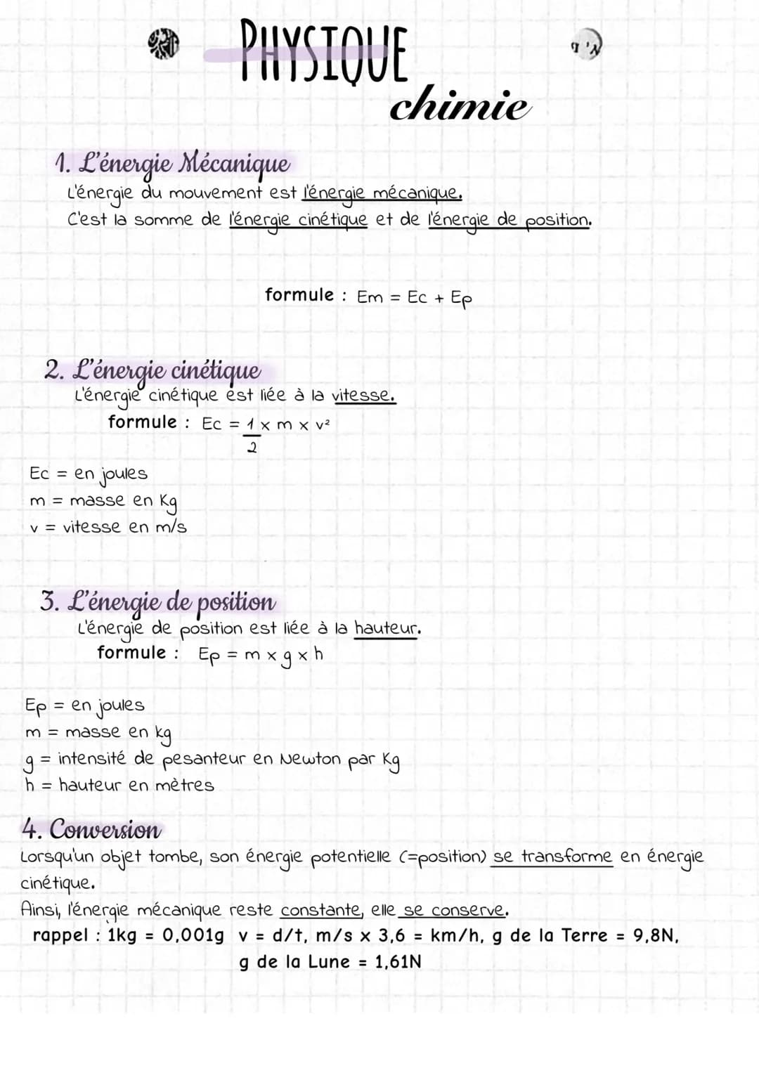 # PHYSIQUE
chimie
1. L'énergie Mécanique
L'énergie du mouvement est l'énergie mécanique.
C'est la somme de l'énergie cinétique et de l'én