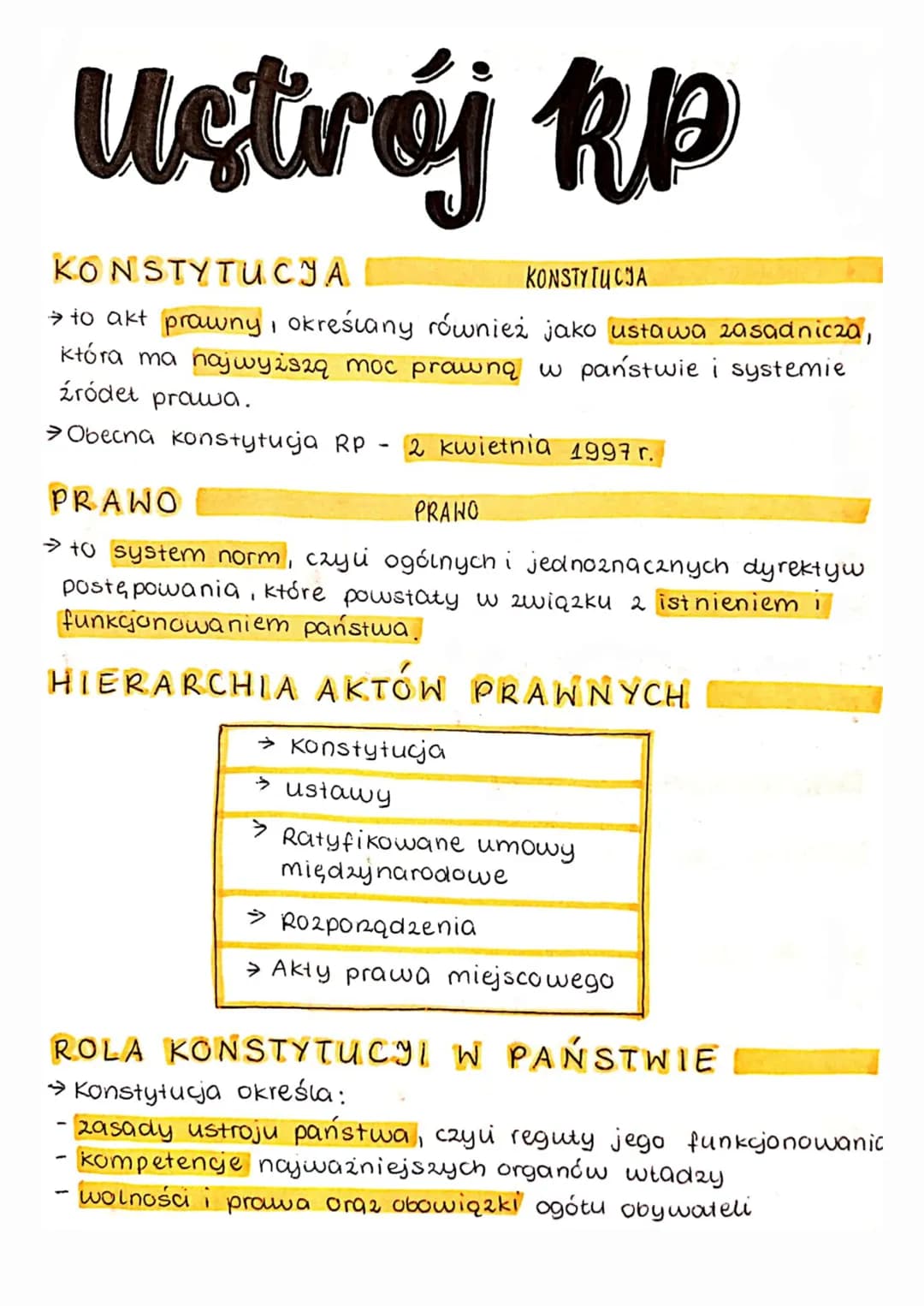 # Ustrój RP
KONSTYTUCYA
KONSTYTUCJA
→to akt prawny, określany również jako ustawa zasadnicza,
która ma najwyższą moc prawną w państwie i