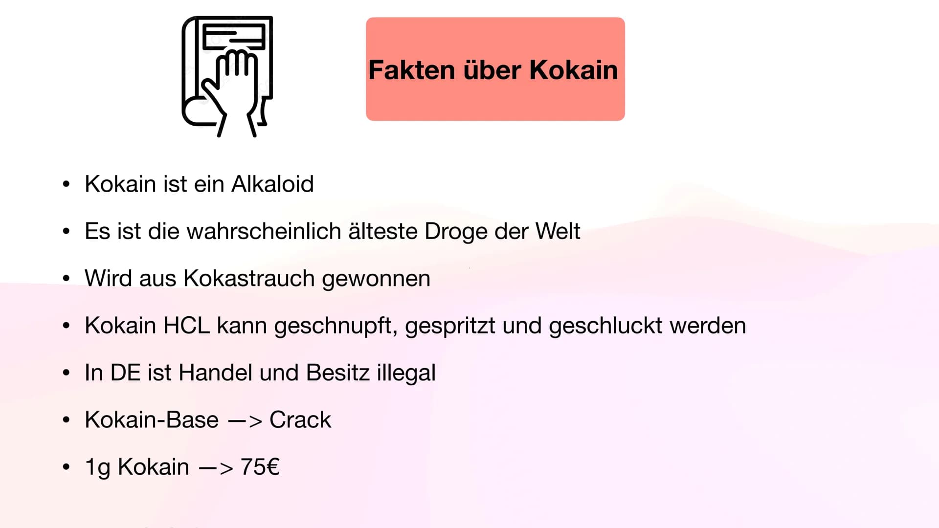 # Kokain
$H_3C-N$
$CH_3$
Henning Buttler und Oliver Nguyen # Inhaltsverzeichnis
Fakten über Kokain
Wirkung auf das Nervensystem
Rausch