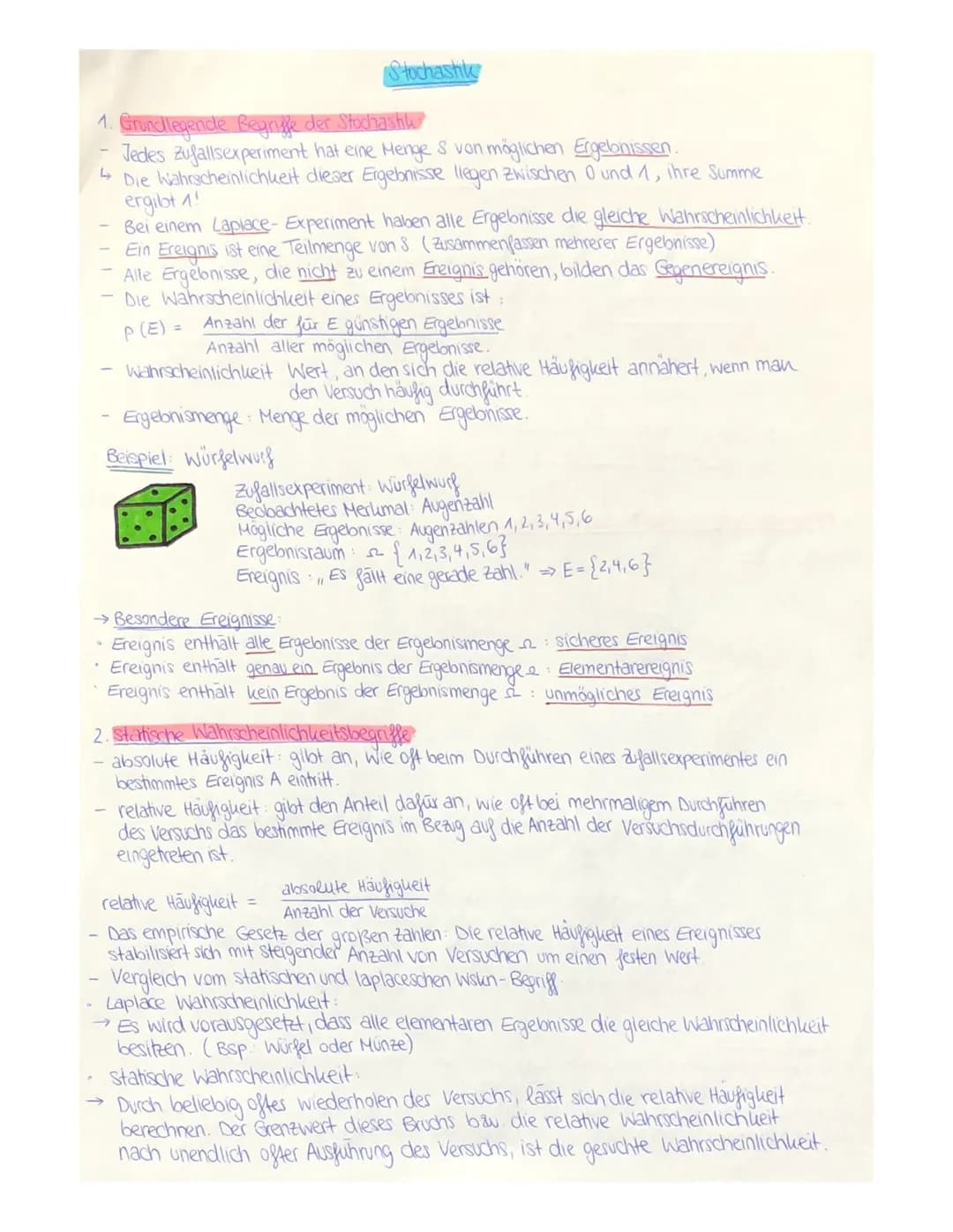 # Stochastik
1. Grundlegende Begriffe der Stochastik
- Jedes Zufallsexperiment hat eine Menge S von möglichen Ergelonissen.
- Die Wah