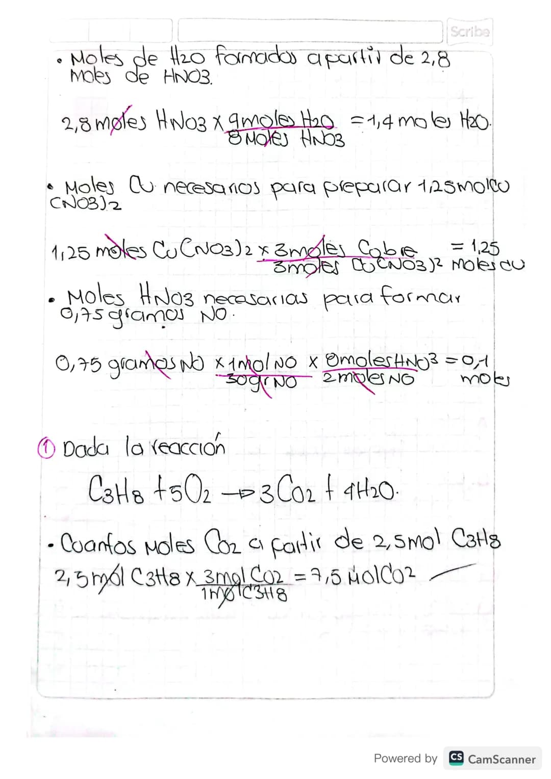 Scribe
HNO3= H=1x1
1
1
N=1 x 14 = 14
0=3X16
48
63
Calculo de Mol a Mol
5) Rempluzar los datos de la fórmula de
Porcentaje dex, siendo x e