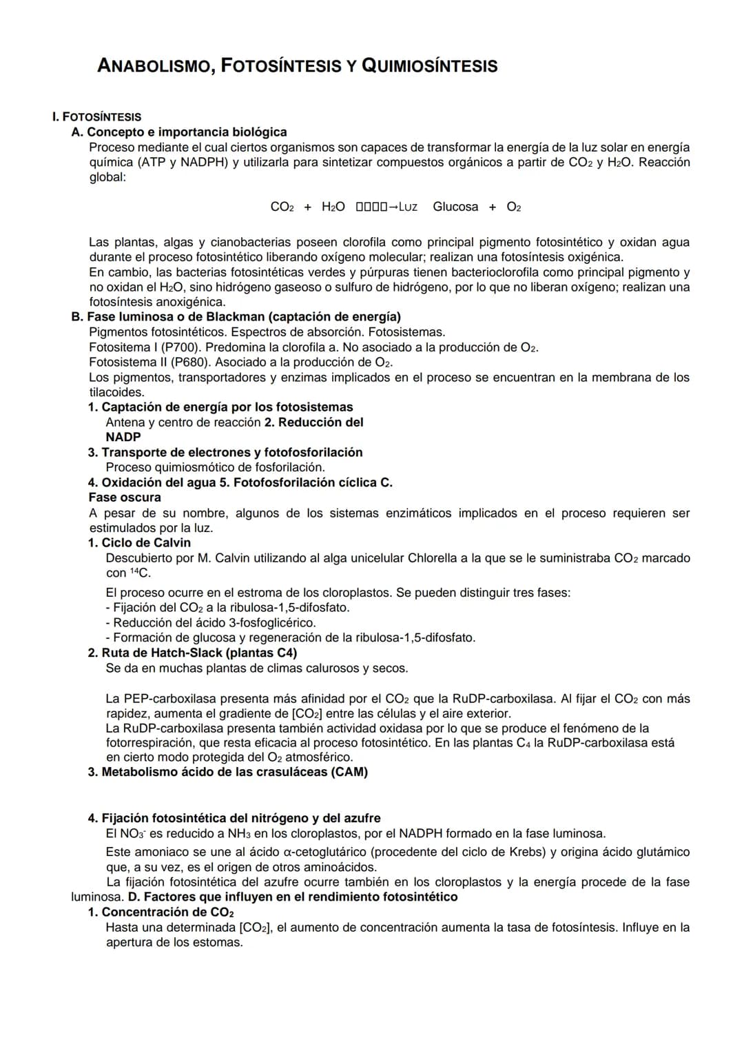 # ANABOLISMO, FOTOSÍNTESIS Y QUIMIOSÍNTESIS
I. FOTOSÍNTESIS
A. Concepto e importancia biológica
Proceso mediante el cual ciertos organismos