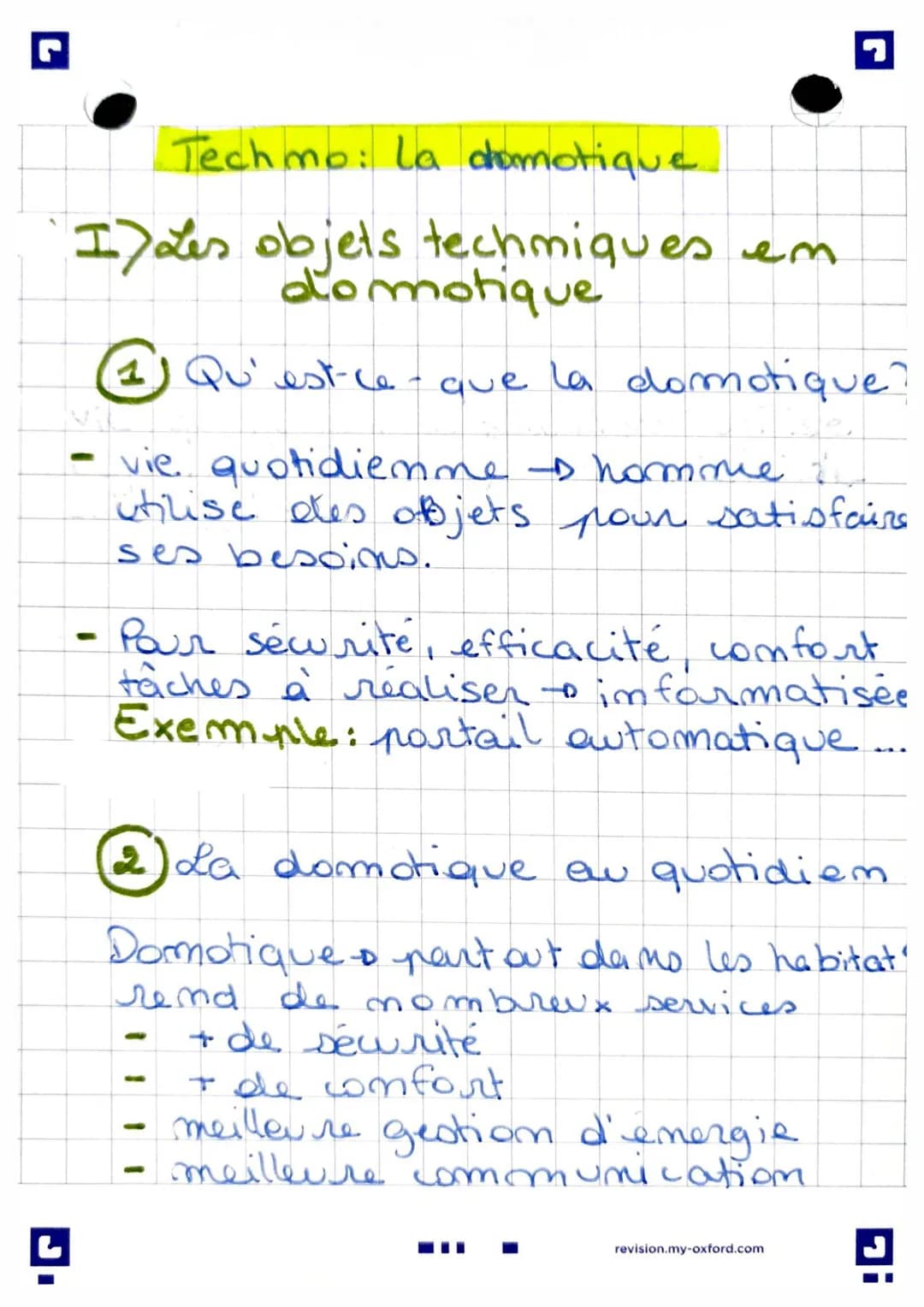 r
L
Techmo: La domotique
I) Les objets techmiques em
domotique
(1) Qu'est-ce - que la domotique?
- vie quotidienne $\rightarrow$ homme i
u