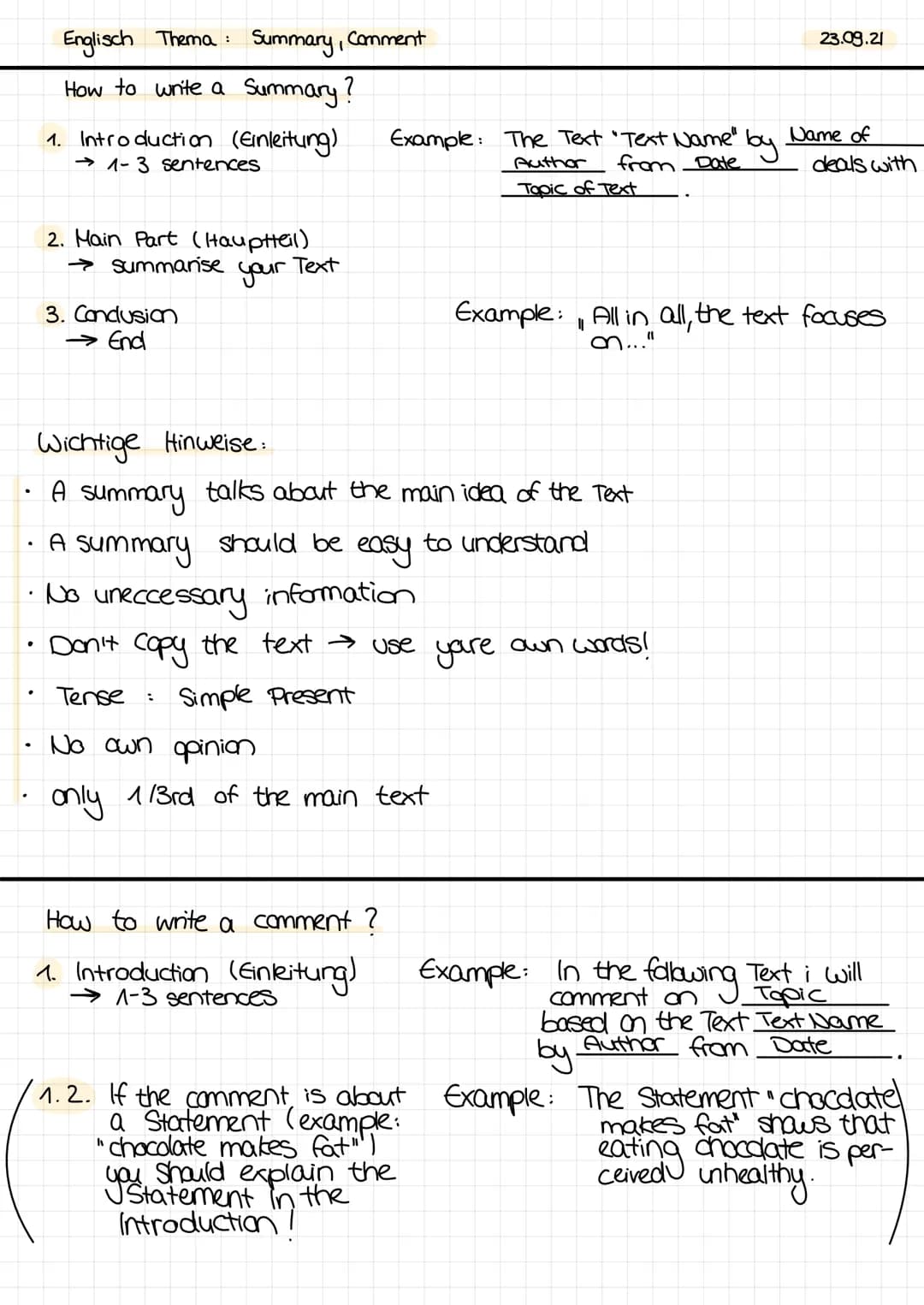 Englisch Thema: Summary, Comment
How to write a Summary?
1. Introduction (Einleitung)
→1-3 sentences
2. Main Part (Hauptteil)
→ summarise