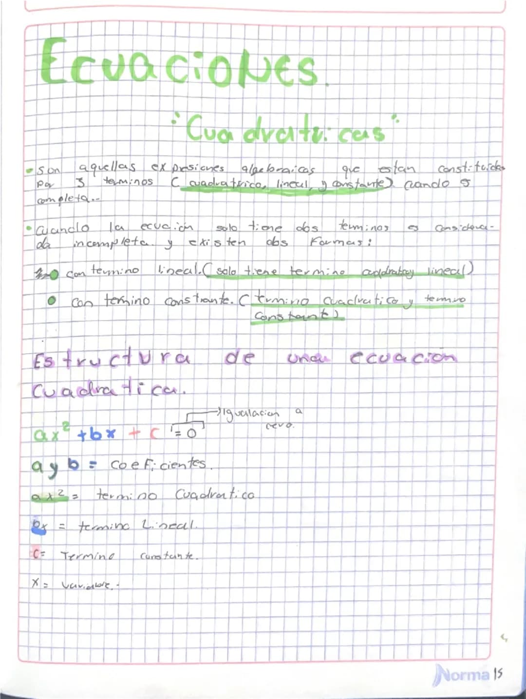 # Ecuaciones
Cuadratri cas.
- Sun aquellas ex presiones algebraicas que estan constituidas
Por 3 terminos C cuadratirica, lineal, y consta