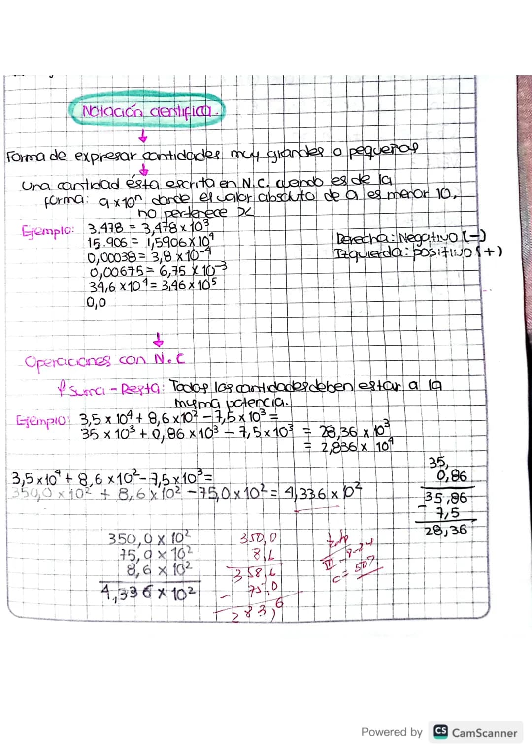 # Notación cientifica.
↓
Forma de expresar cantidades muy grandes o pequeñas
Una cantidad esta escrita en N.C. cuando es de la
forma: 9 x
