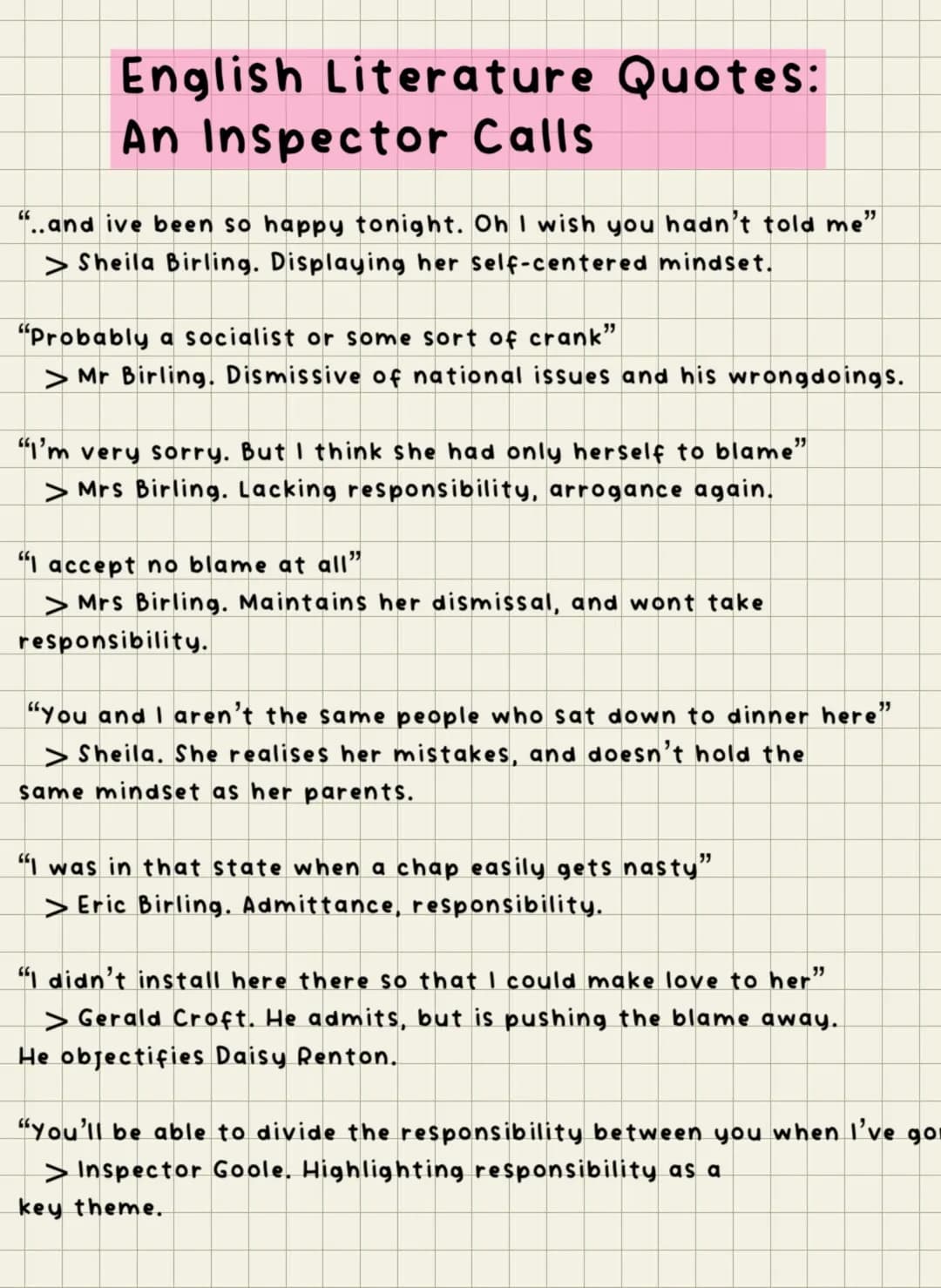 # English Literature Quotes:
# An Inspector Calls
"..and ive been so happy tonight. Oh I wish you hadn't told me"
> Sheila Birling. Display
