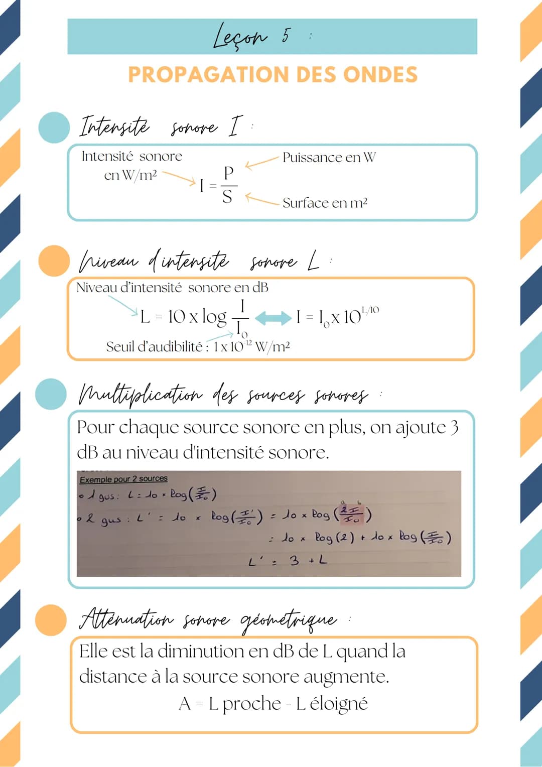 # Leçon 5:
PROPAGATION DES ONDES
Intensite sonore I:
Intensité sonore
en W/m²
Puissance en W
$I = \frac{P}{S}$
Surface en m²
Niveau d