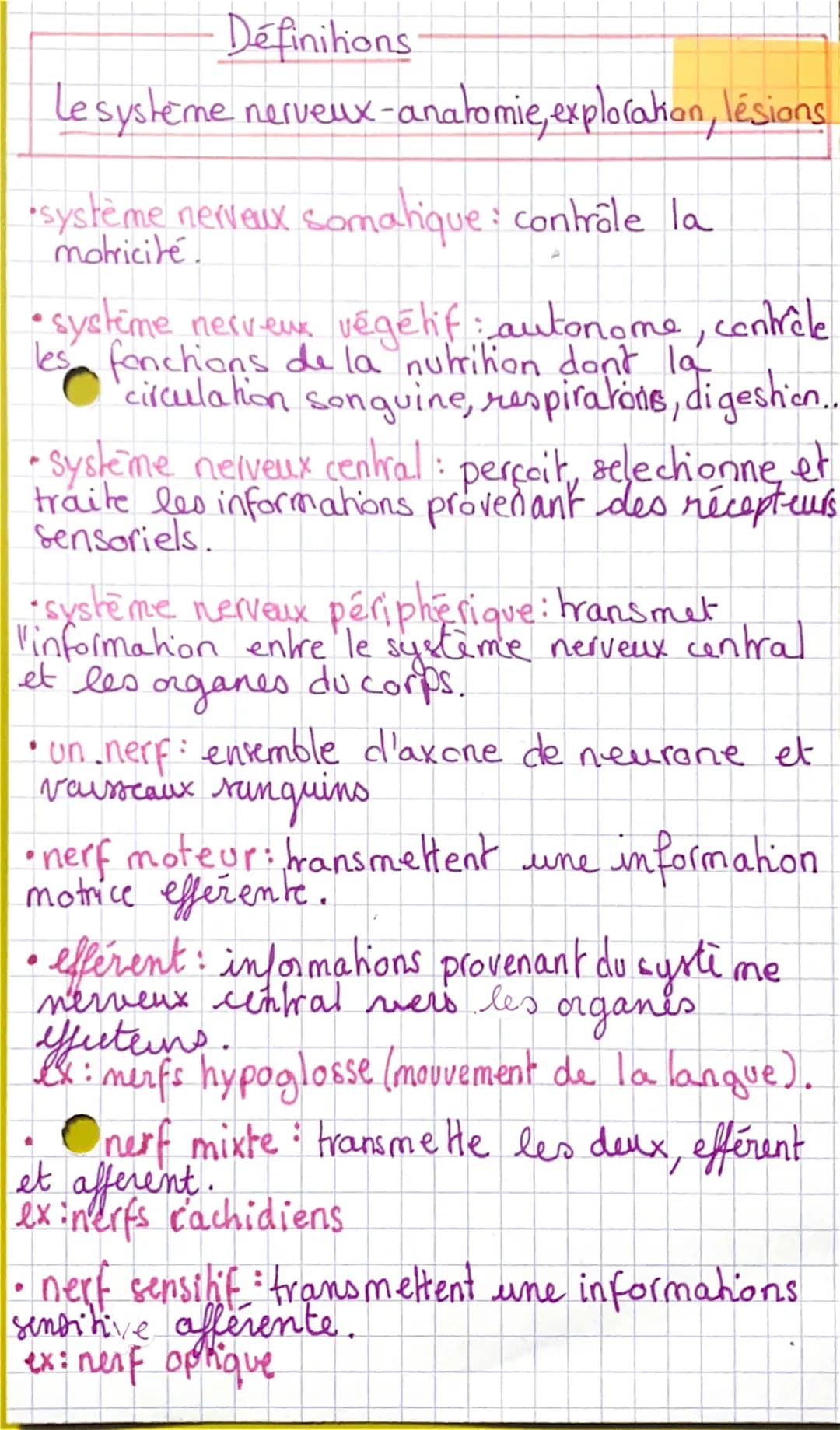 Définitions
Le système nerveux-anatomie, explorakon, lésions
•système nerveux somatique: contrôle la
motricité.
• systime nerveux végétif: