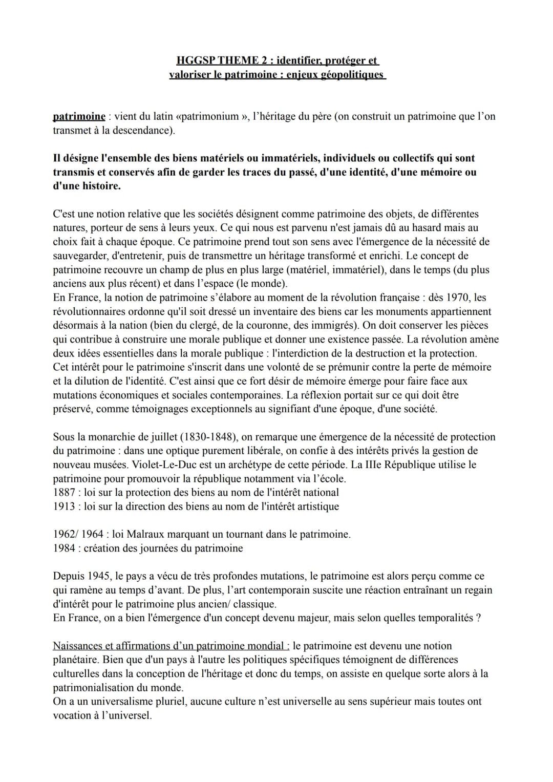 # HGGSP THEME 2: identifier, protéger et
valoriser le patrimoine : enjeux géopolitiques
patrimoine: vient du latin «patrimonium », l'hérita