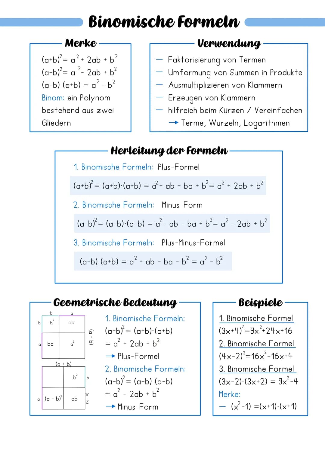 # Binomische Formeln
- Merke
(a+b)²= a²+ 2ab + b²
(a-b)²= a²-2ab + b²
(a-b) (a+b) = a²-b²
Binom: ein Polynom
bestehend aus zwei
Glied