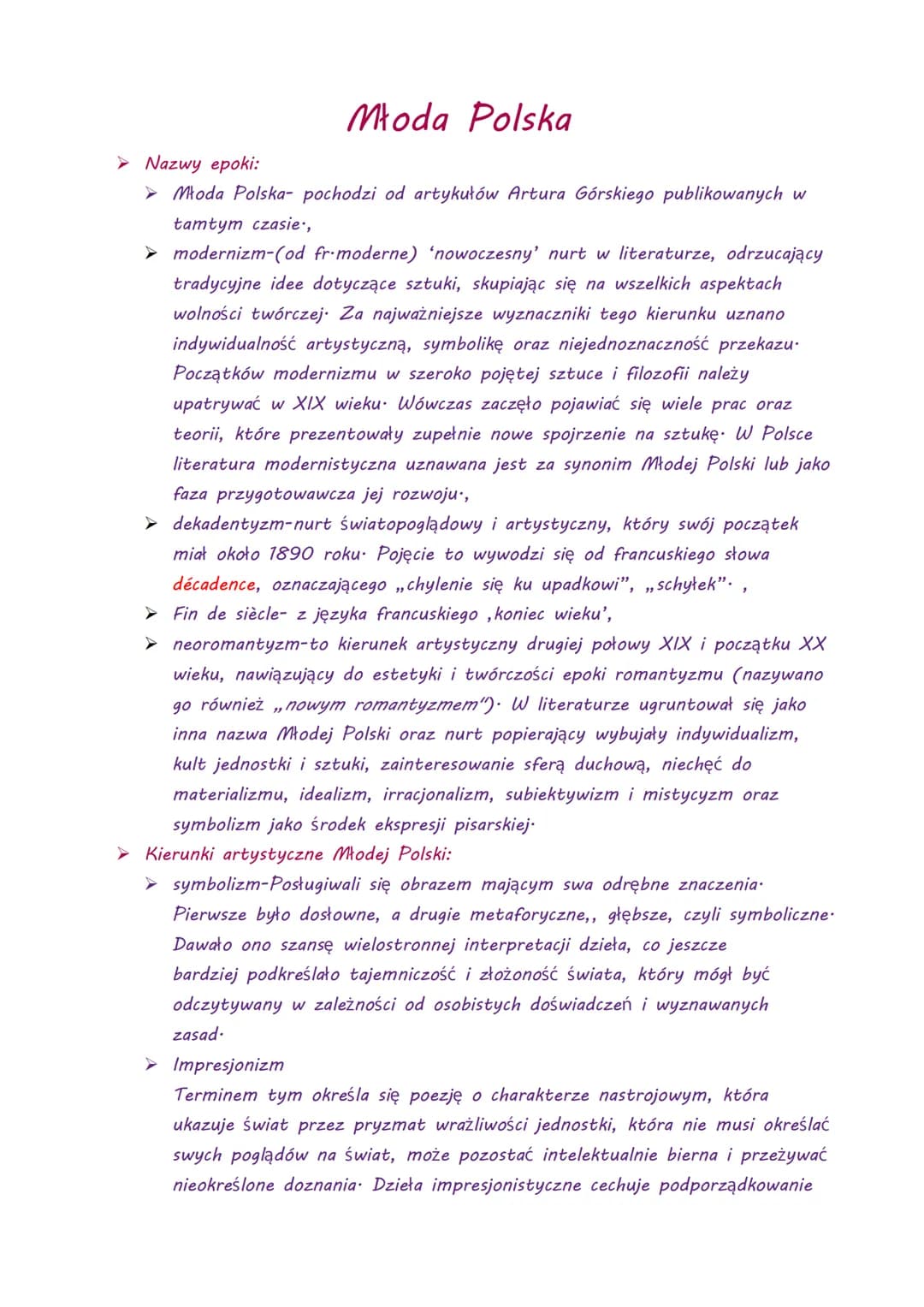 ➤ Nazwy epoki:
Młoda Polska
➤ Młoda Polska- pochodzi od artykułów Artura Górskiego publikowanych w
tamtym czasie.,
➤ modernizm-(od fr-modern