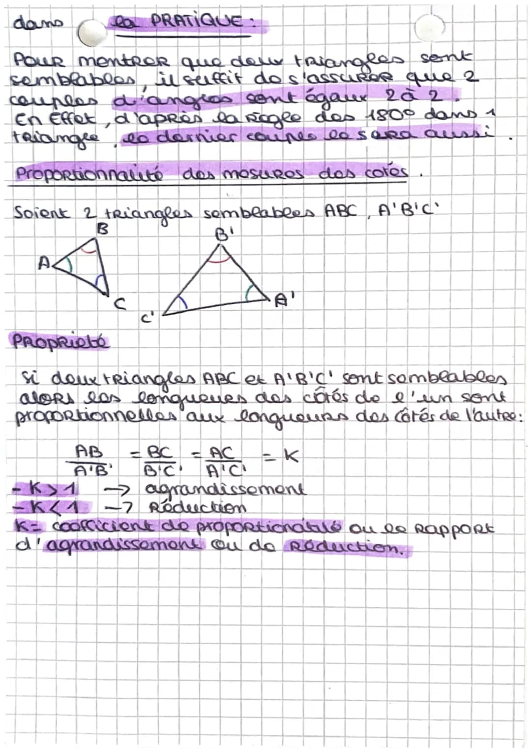 dans
ea PRATIQUE:
POUR Mentrer que deur triangles sont
semblables, il selffit de s'assurer que 2
couples d'angios sont égaux 202.
En effet,