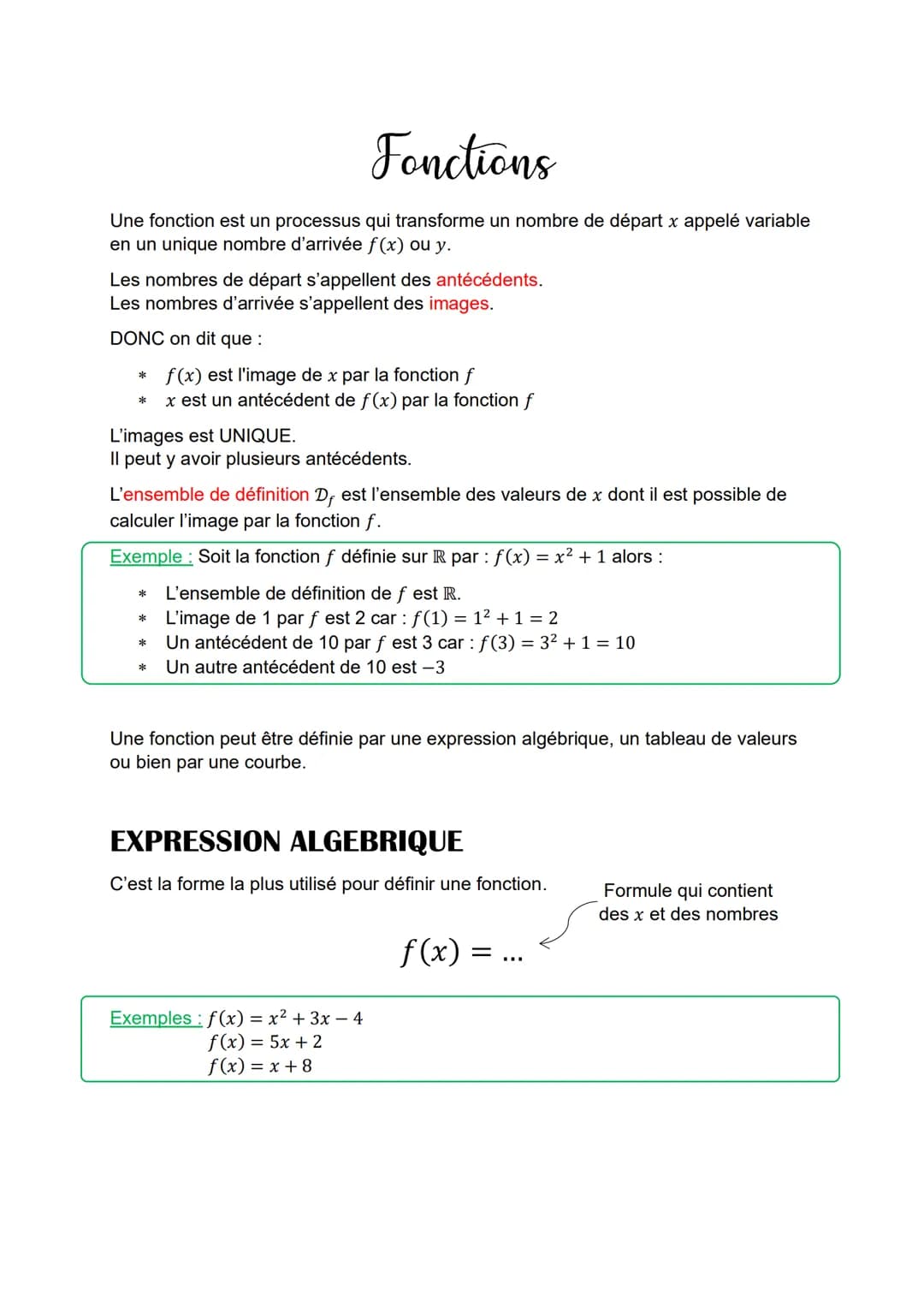 # Fonctions
Une fonction est un processus qui transforme un nombre de départ x appelé variable
en un unique nombre d'arrivée f(x) ou y.
Le