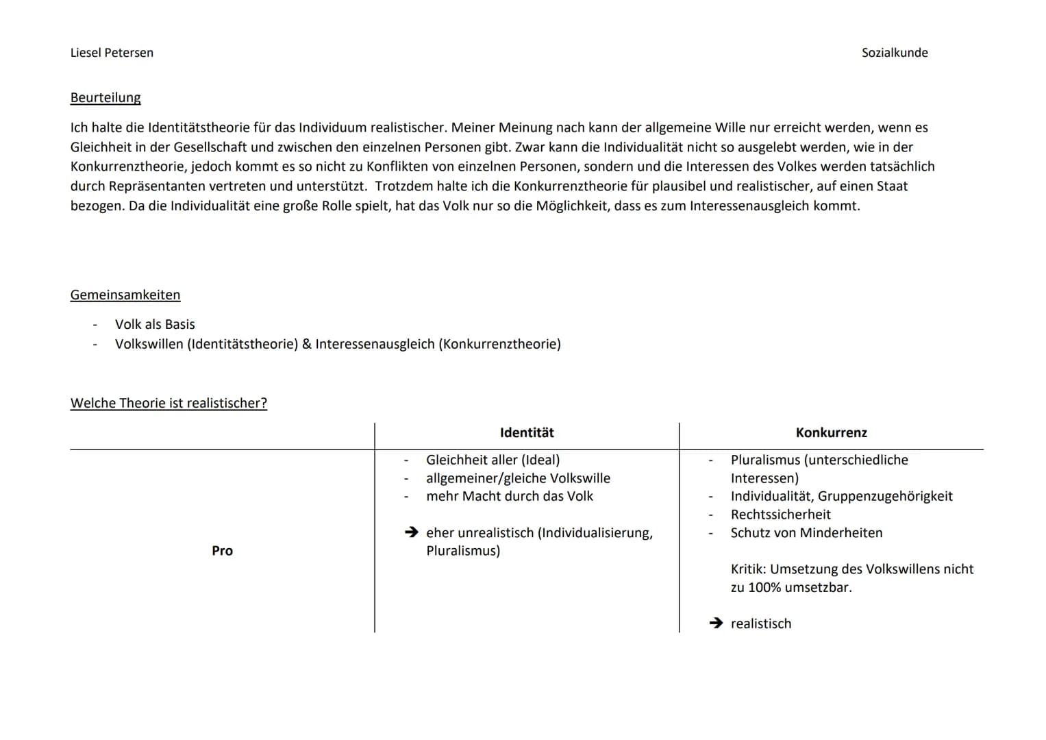 Liesel Petersen
Identitäts- & Konkurrenztheorie
Sozialkunde
Identitätstheorie
- Herrschaft des Volkes
- Jean Jaques Rousseau
- allgemein
