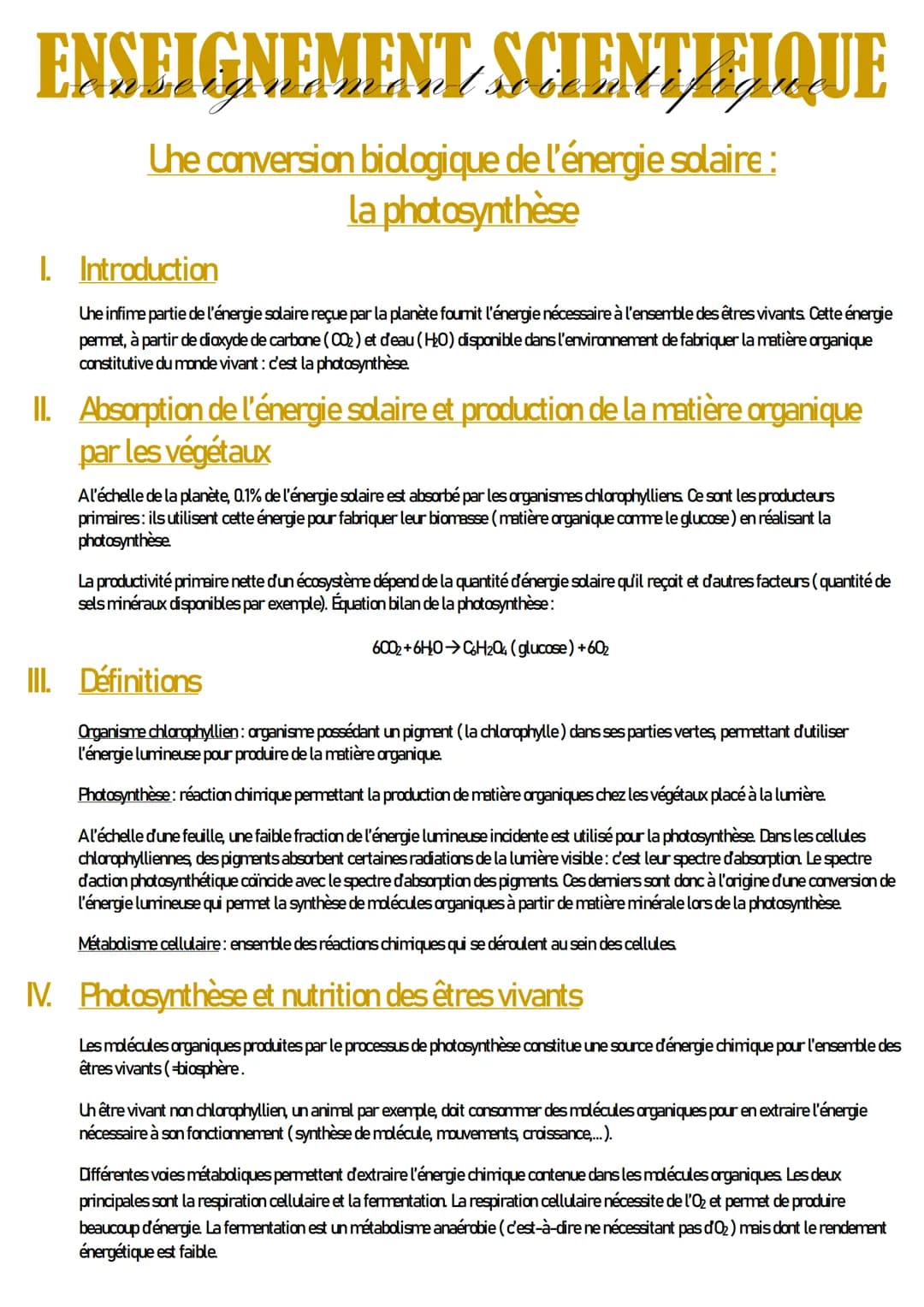 # ENSEIGNEMENT SCIENTIFIQUE
Uhe conversion biologique de l'énergie solaire :
la photosynthèse
1. Introduction
Uhe infime partie de l'éner