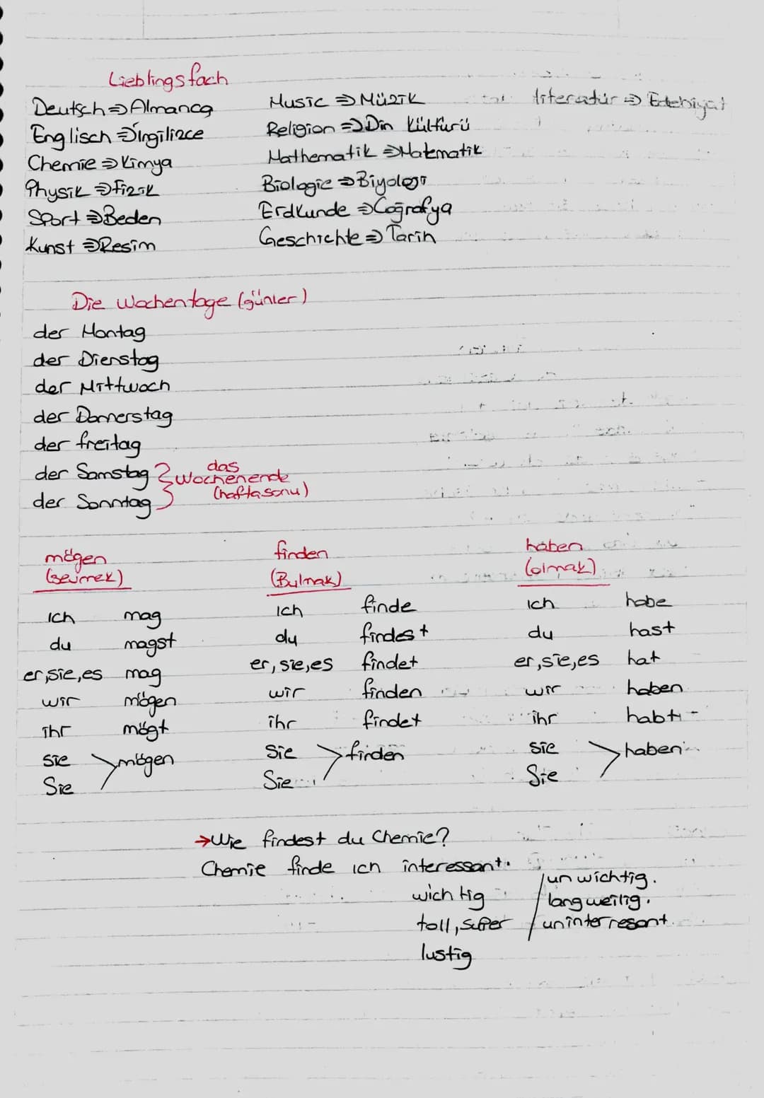 Lieblings fach
Deutsch Almanca
• Englisch Singilizce
• Chemie Kimya
Physik Fizik
• Sport Beden
Kunst Resim
Music MüzTK
Religion Din