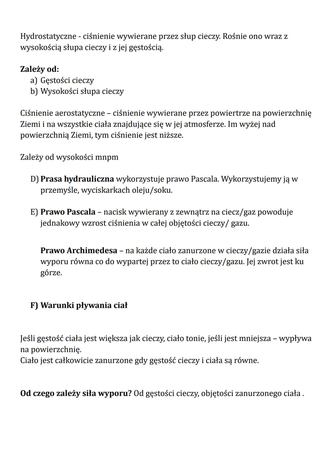 # Fizyka
A) Definicje
Nacisk - składowa siły, z jaką jedno ciało działa na powierzchnię drugiego. Ta siła
jest zawsze prostopadła do powie