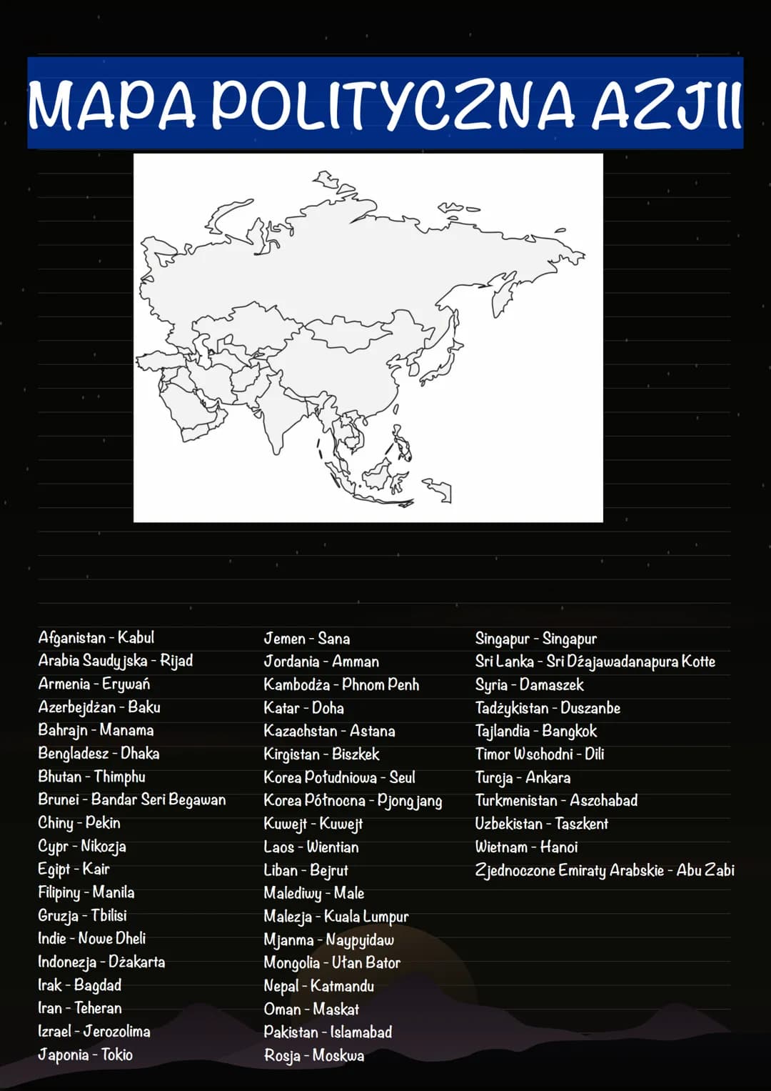# MAPA POLITYCZNA AZJII
Afganistan - Kabul
Arabia Saudyjska - Rijad
Armenia - Erywań
Azerbejdżan - Baku
Bahrajn - Manama
Bengladesz - Dhaka