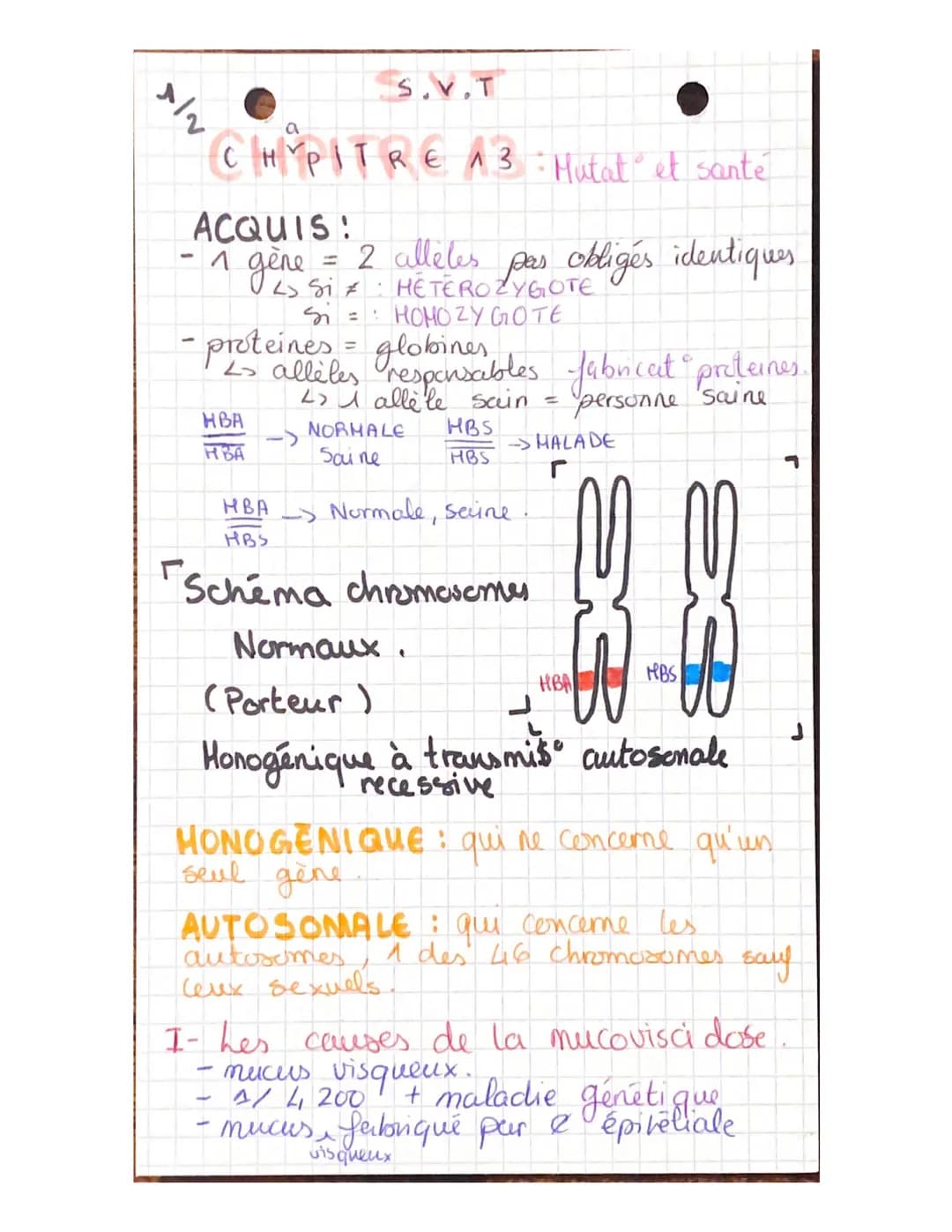 S.V.T
2
a
CHYPITRE 13: Mutat et santé.
ACQUIS!
-4
- 1 gene = 2 alleles pas obligés identiques
Si $\neq$: HETEROZYGOTE
Si = HOMOZYGOTE