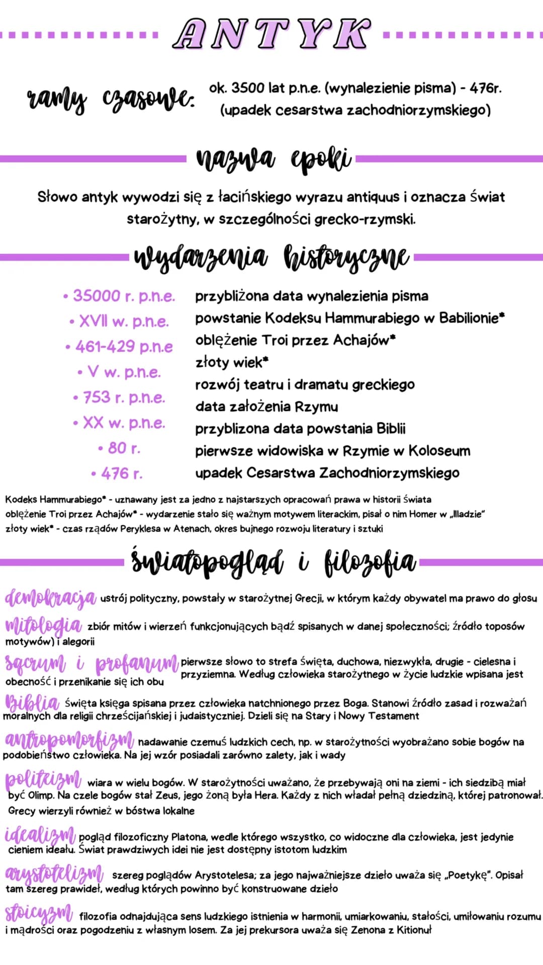 ramy czasowe.
ok. 3500 lat p.n.e. (wynalezienie pisma) - 476r.
(upadek cesarstwa zachodniorzymskiego)
nazwa epoki
Słowo antyk wywodzi się