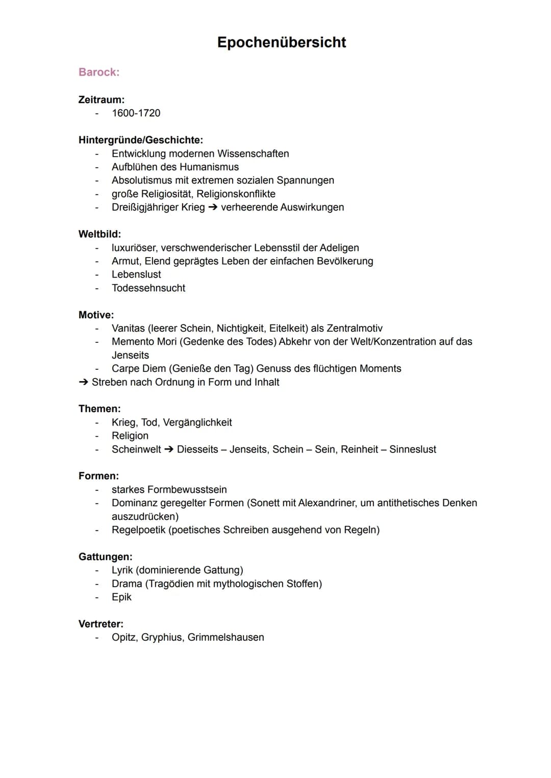 # Epochenübersicht
Barock:
Zeitraum:
- 1600-1720
Hintergründe/Geschichte:
- Entwicklung modernen Wissenschaften
- Aufblühen des Humanismu