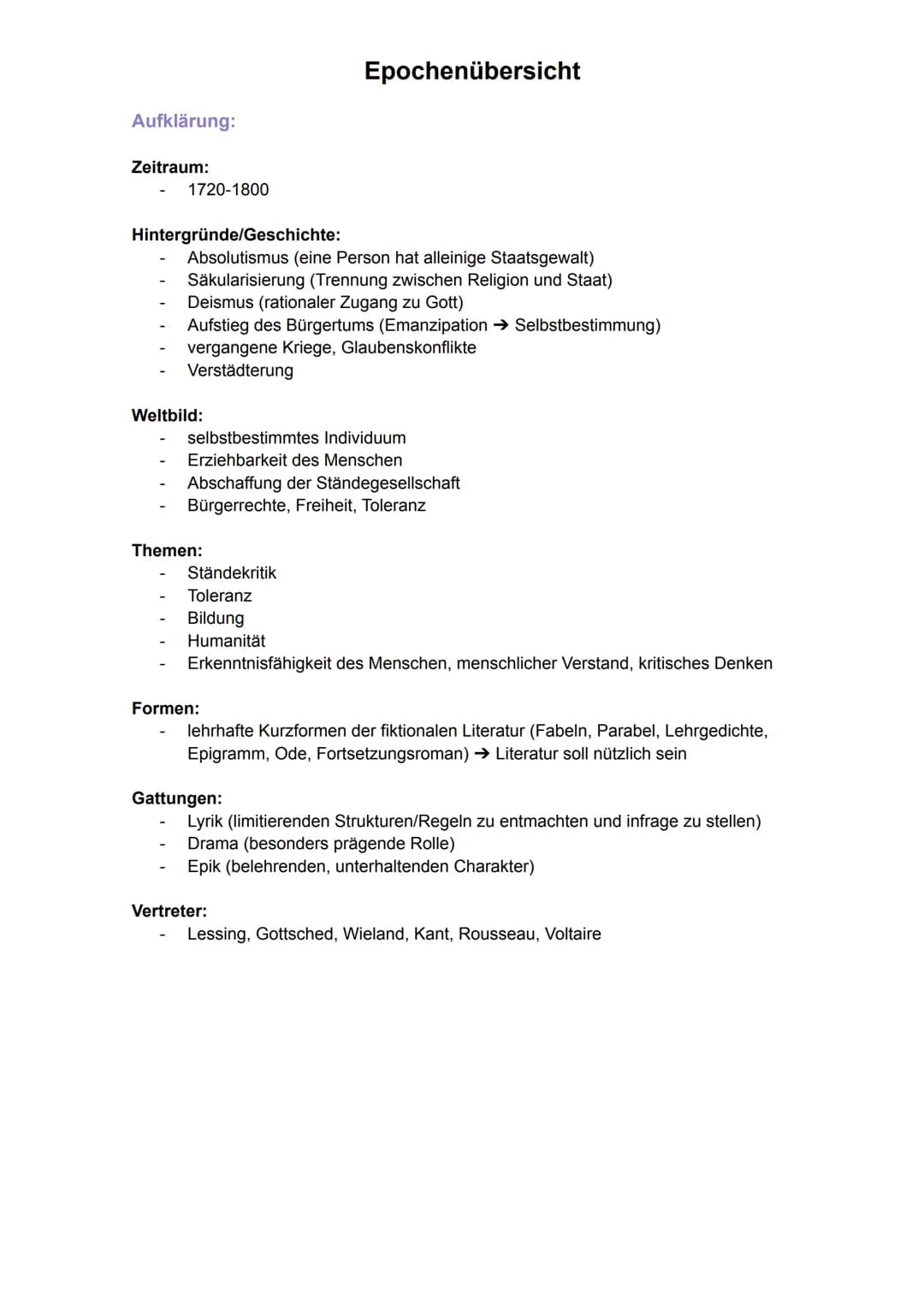 # Epochenübersicht
Barock:
Zeitraum:
- 1600-1720
Hintergründe/Geschichte:
- Entwicklung modernen Wissenschaften
- Aufblühen des Humanismu