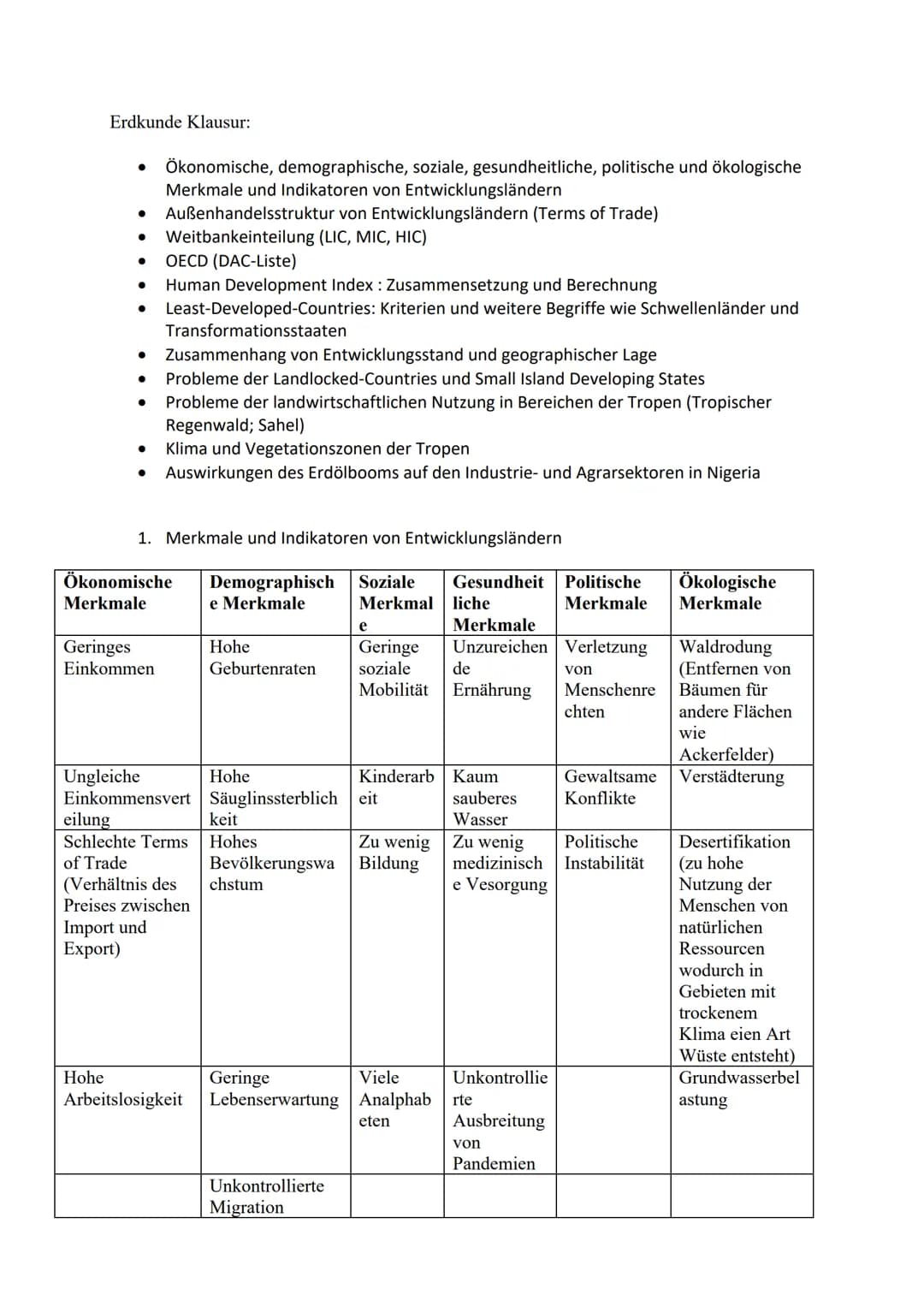 Erdkunde Klausur:
- Ökonomische, demographische, soziale, gesundheitliche, politische und ökologische
Merkmale und Indikatoren von Entwickl