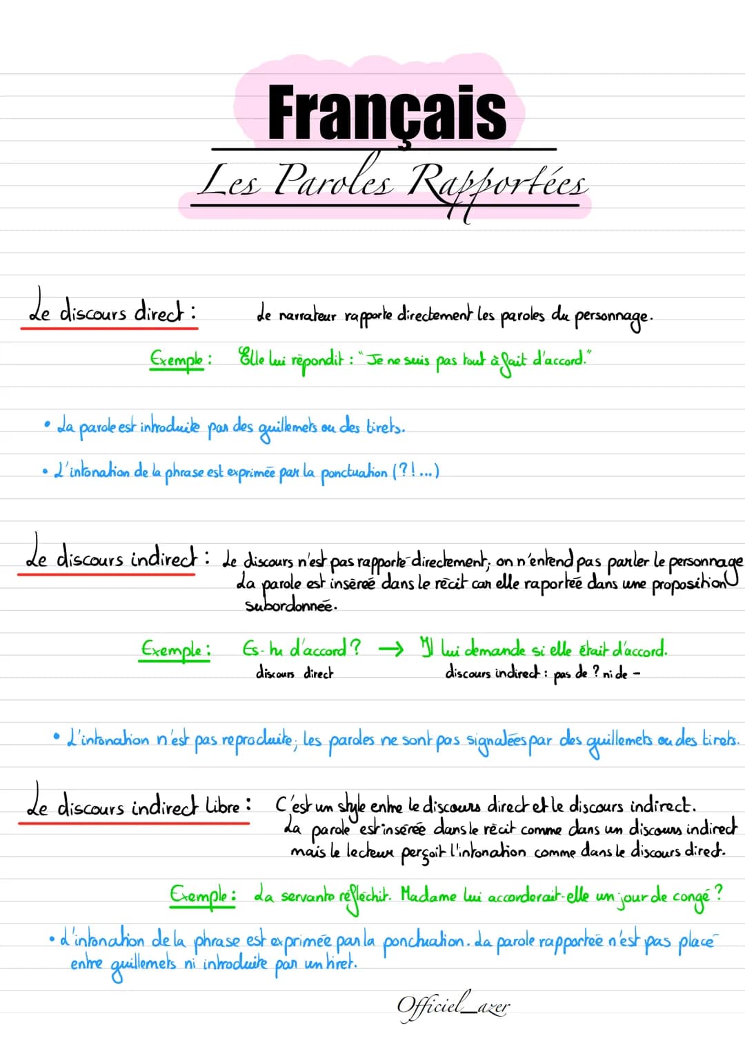 # Français
## Les Paroles Rapportées
Le discours direct: de narrateur rapporte directement les paroles du personnage.
Exemple: Elle lui r