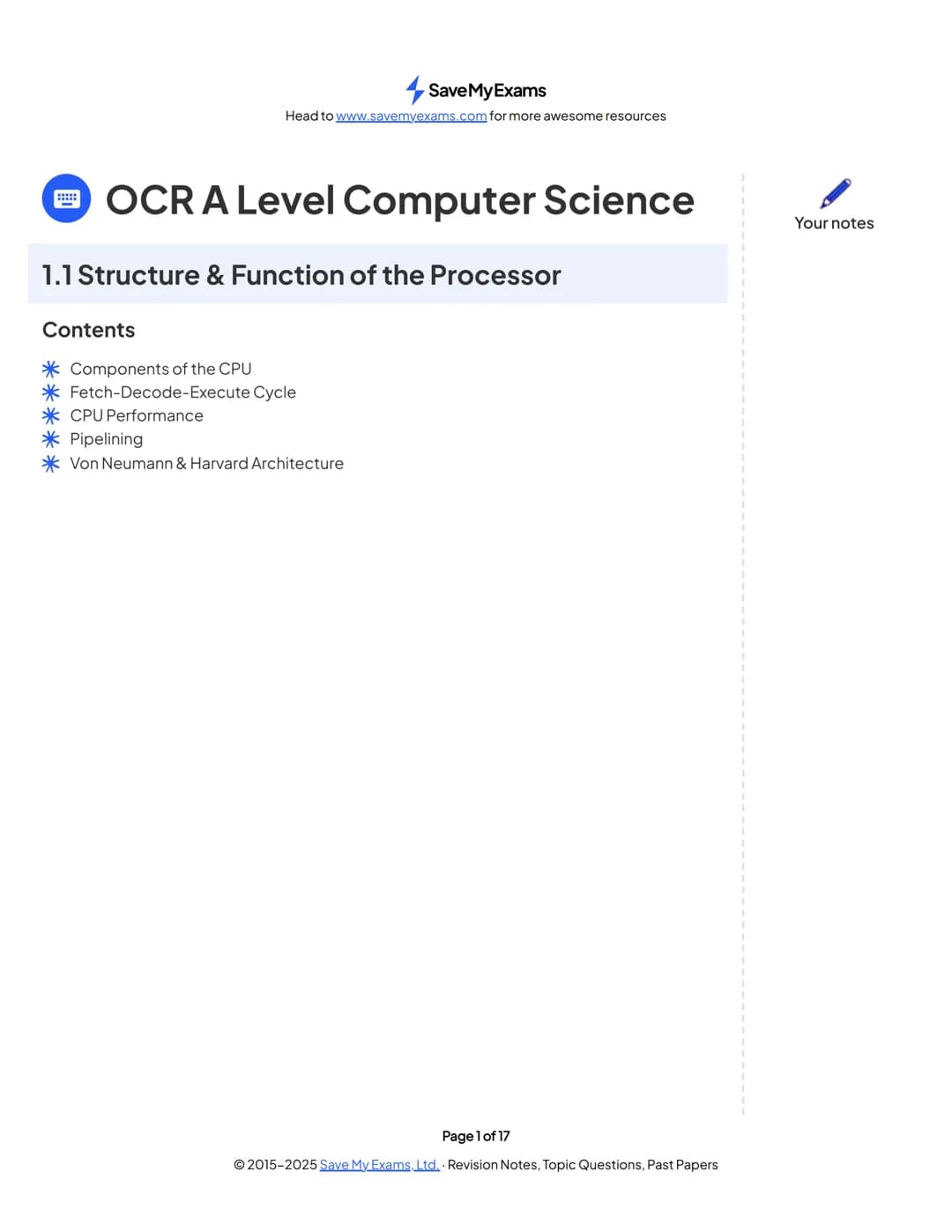 # Save My Exams
Head to www.savemyexams.com for more awesome resources
# OCR A Level Computer Science
## 1.1 Structure & Function of the P
